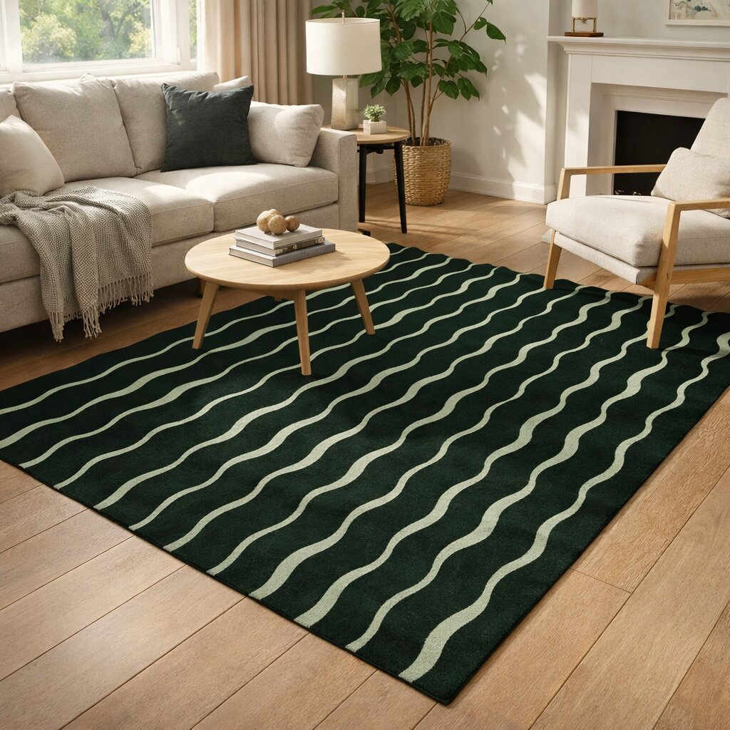 Dark Green Rug with Vertical Wavy Lines