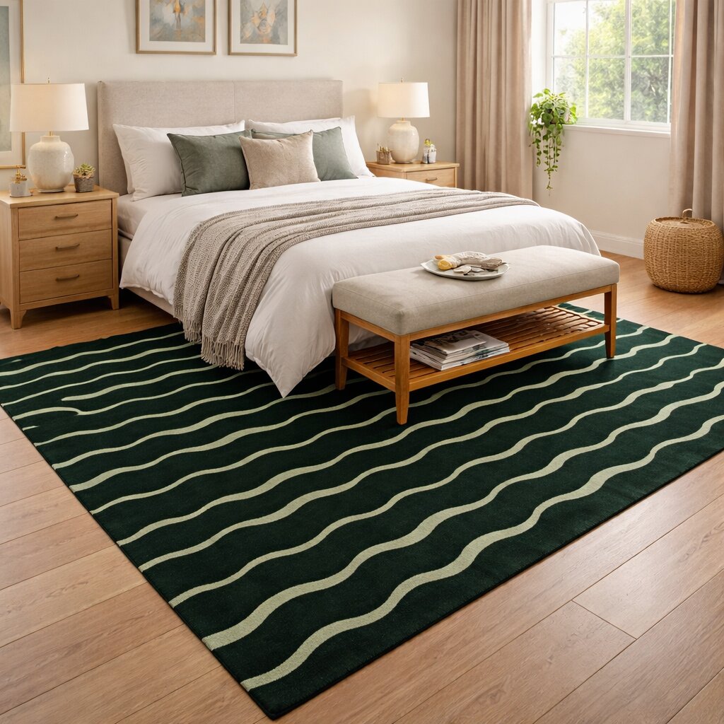 Dark Green Rug with Vertical Wavy Lines