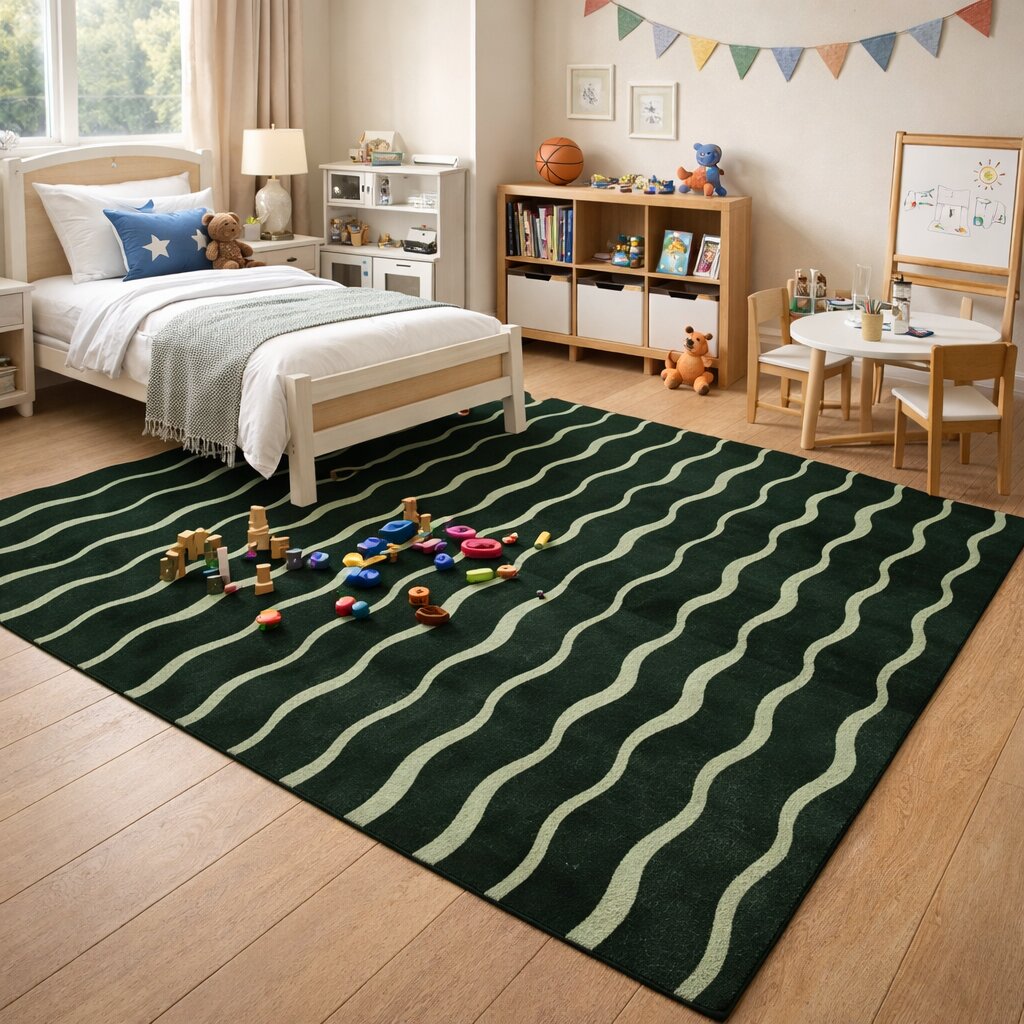 Dark Green Rug with Vertical Wavy Lines