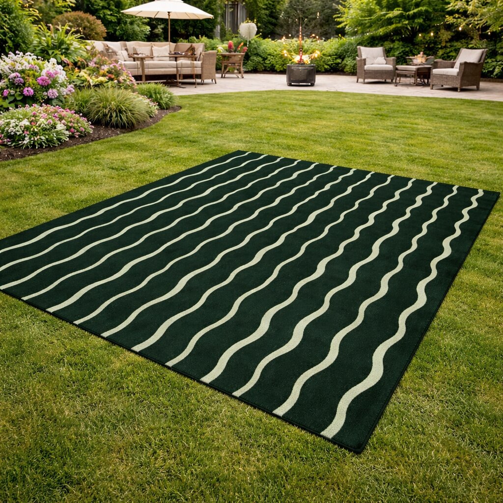 Dark Green Rug with Vertical Wavy Lines