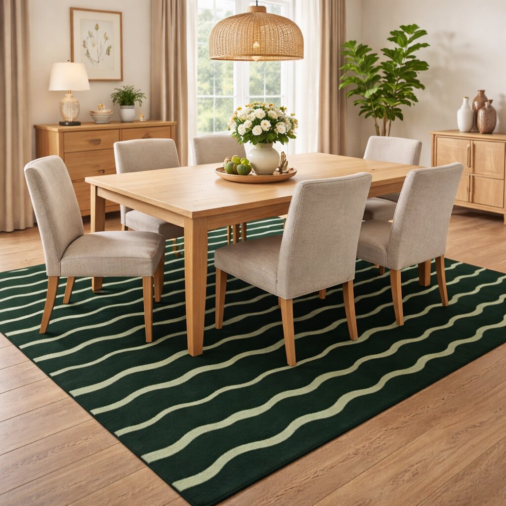Dark Green Rug with Vertical Wavy Lines