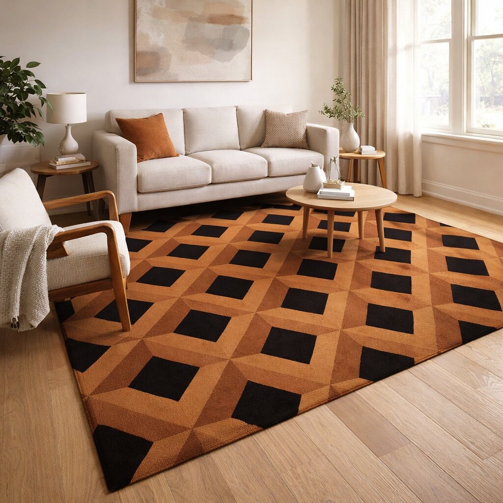 Brown Geometric Wool Rug Handmade Tufted Carpet Modern Area Rug for Living Room and Bedroom