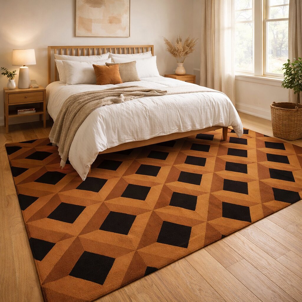 Brown Geometric Wool Rug Handmade Tufted Carpet Modern Area Rug for Living Room and Bedroom