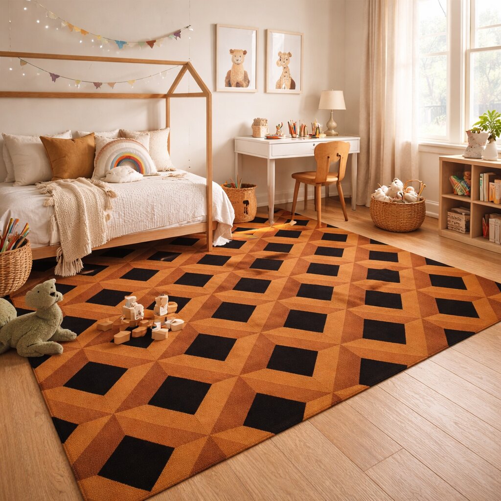 Brown Geometric Wool Rug Handmade Tufted Carpet Modern Area Rug for Living Room and Bedroom