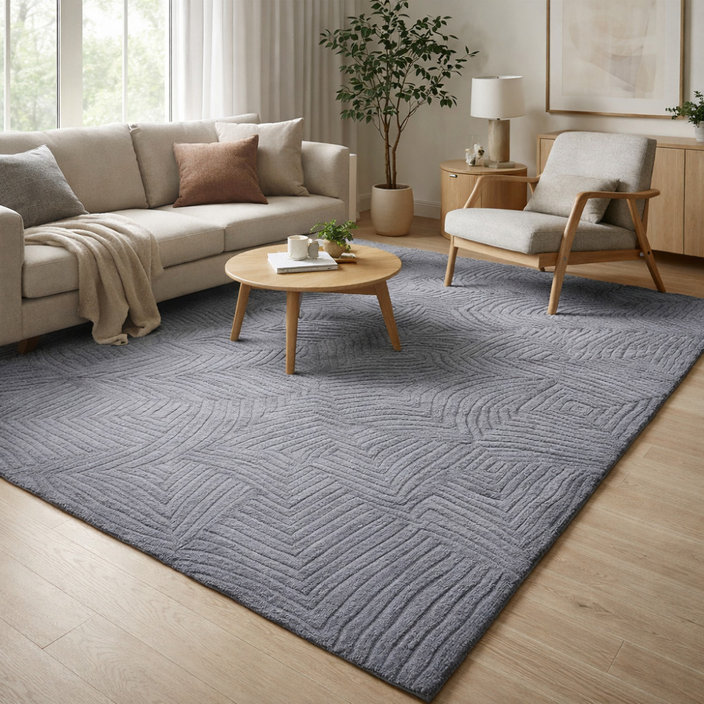 Image of Grey Wool Rug, Hand Tufted, 5x7, 5x8, 6x8, 6x9, Bedroom, Living Room, Striped Rug