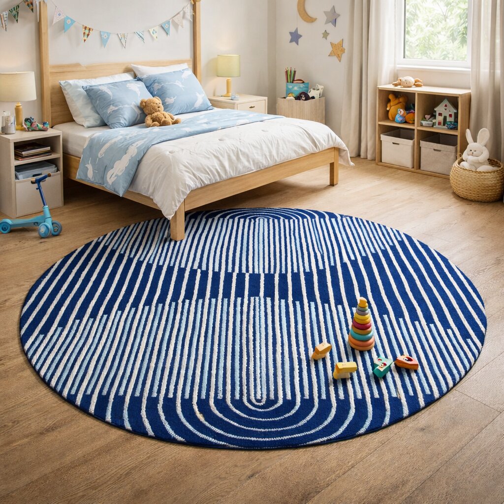 Circle Blue Rug 5x5 6x6 7x7 8x8 Wool Area Rug Modern Floor Carpet Living Room