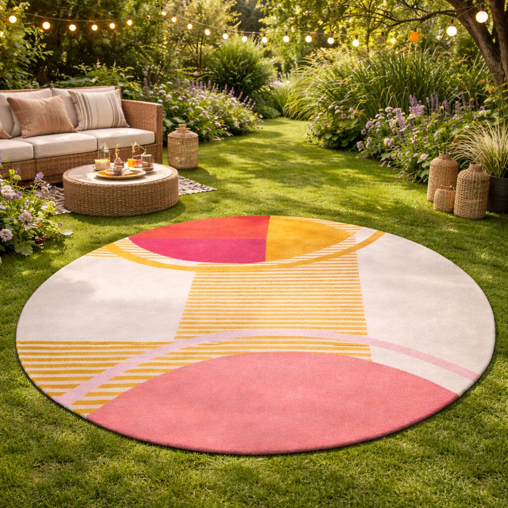 Wool Area Rug Round Rug 8x8 9x9 10x10 11x11 Circle White Carpet Striped Design