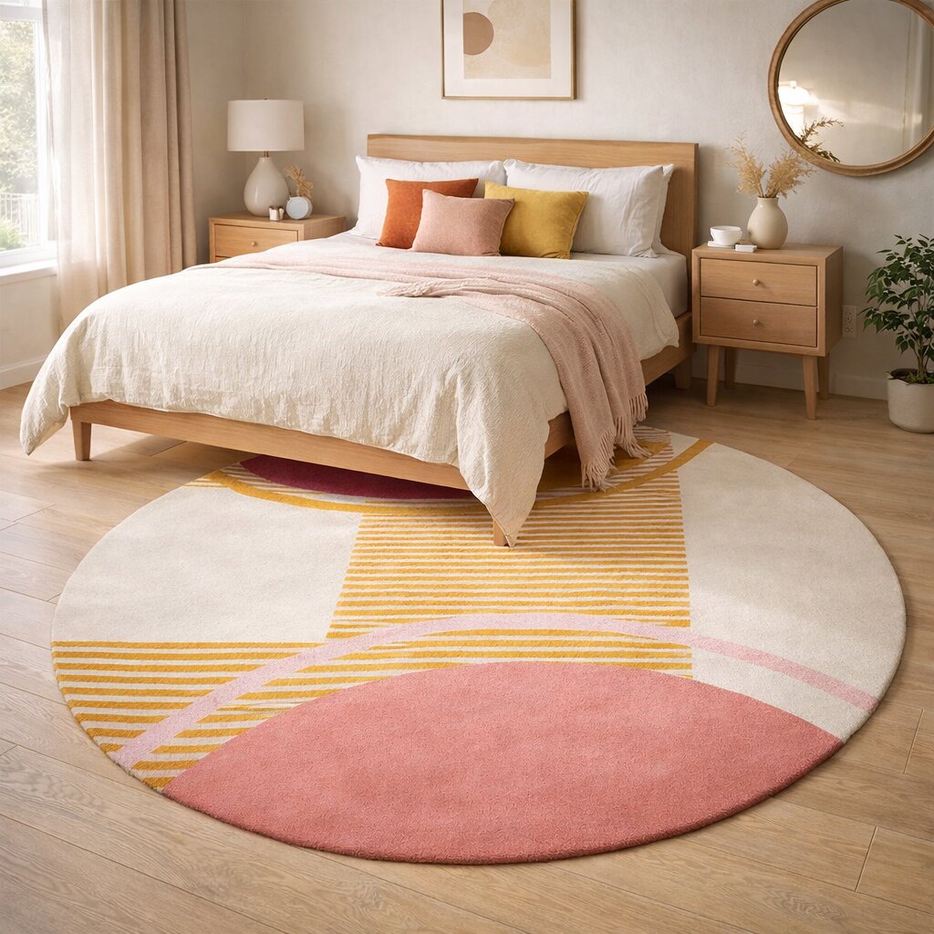 Wool Area Rug Round Rug 8x8 9x9 10x10 11x11 Circle White Carpet Striped Design