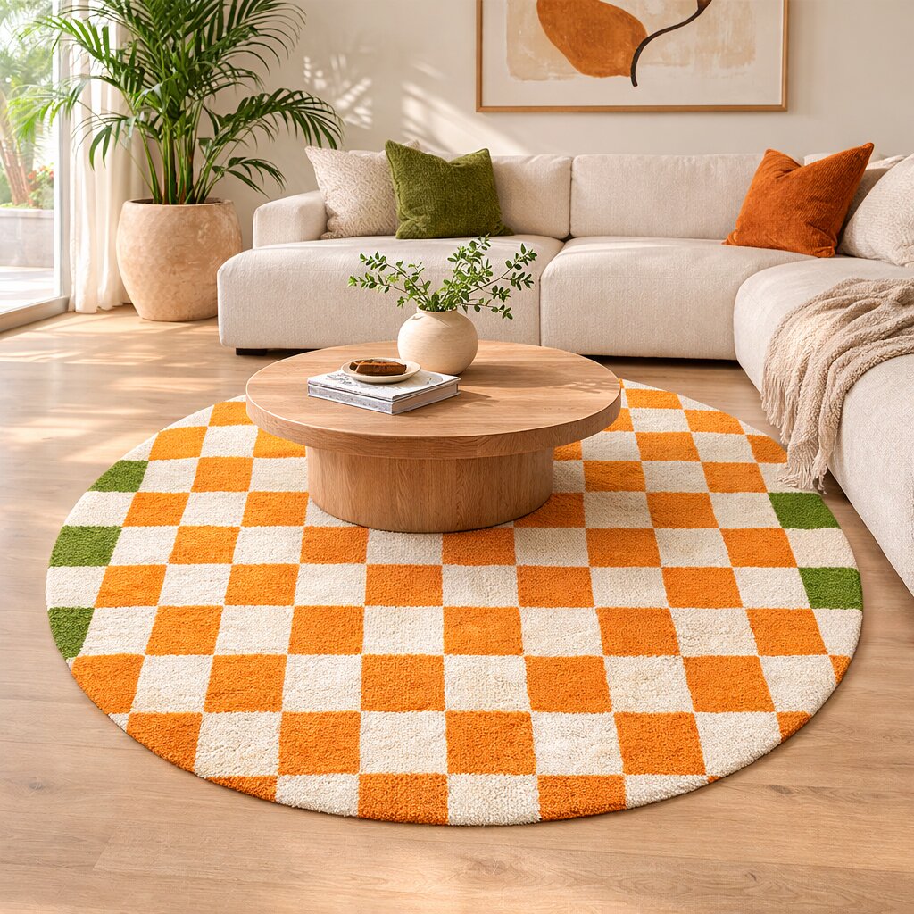White Orange Square Round Rug for Bedroom and Living Space  Chess Circular Area Rug for Kids Room