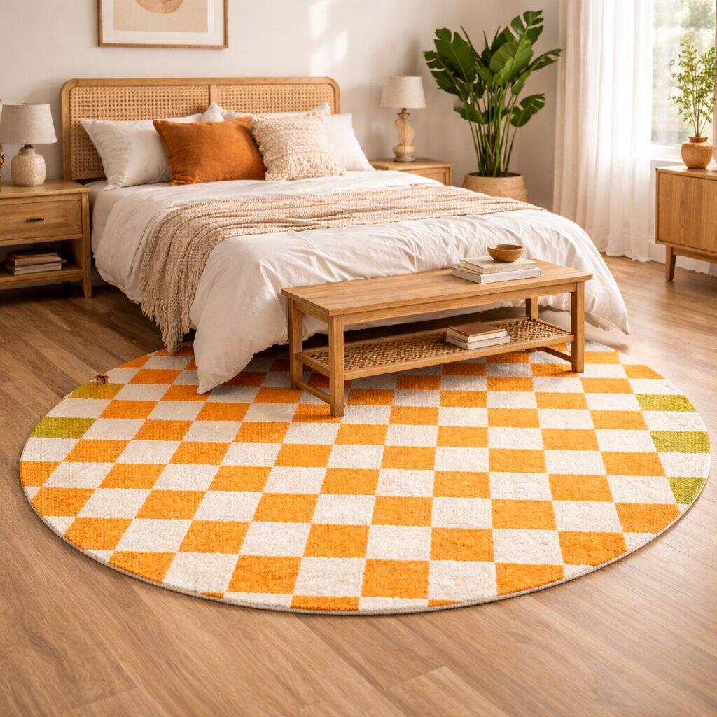 White Orange Square Round Rug for Bedroom and Living Space  Chess Circular Area Rug for Kids Room