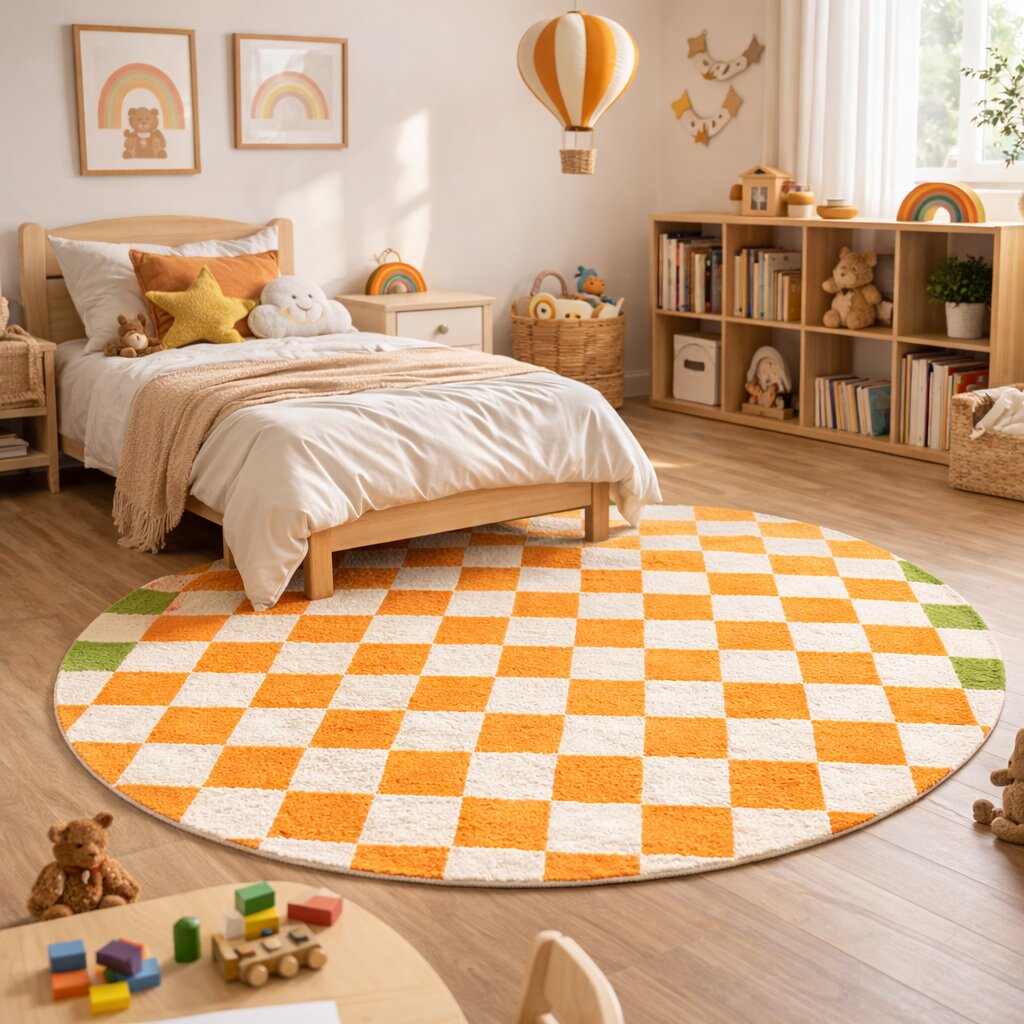 White Orange Square Round Rug for Bedroom and Living Space  Chess Circular Area Rug for Kids Room