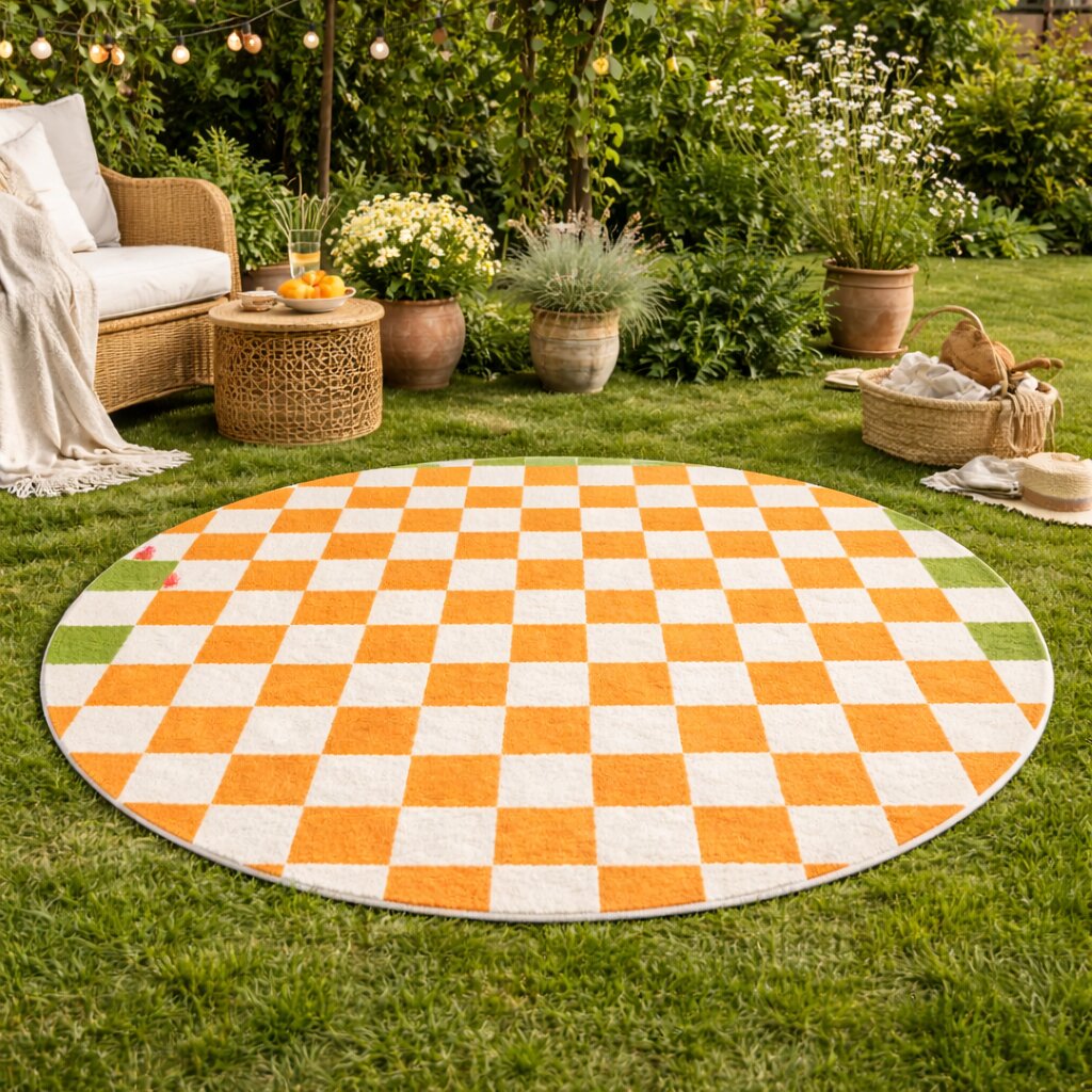 White Orange Square Round Rug for Bedroom and Living Space  Chess Circular Area Rug for Kids Room