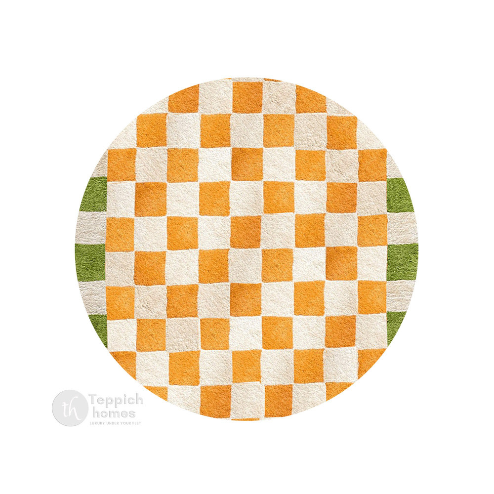 Image of White Orange Square Round Rug for Bedroom and Living Space | Chess Circular Area Rug for Kids Room