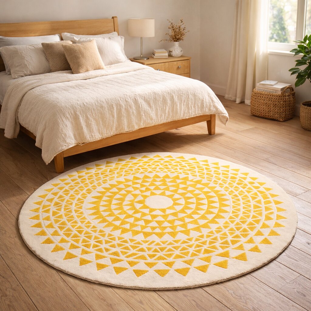 Round Hand Tufted Rug for Bedroom and Living Space  White and Yellow Color 100 Woolen Rug