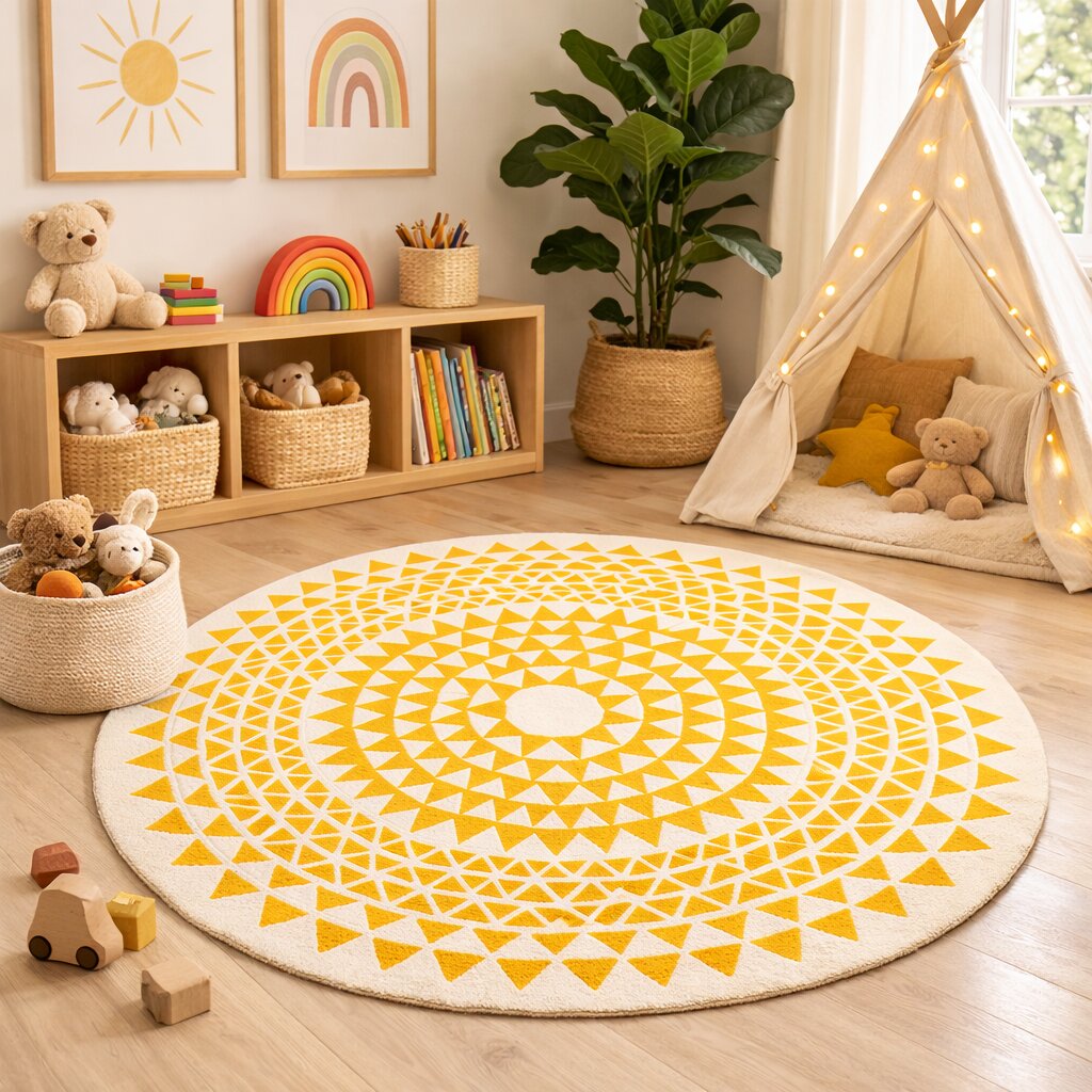 Round Hand Tufted Rug for Bedroom and Living Space  White and Yellow Color 100 Woolen Rug