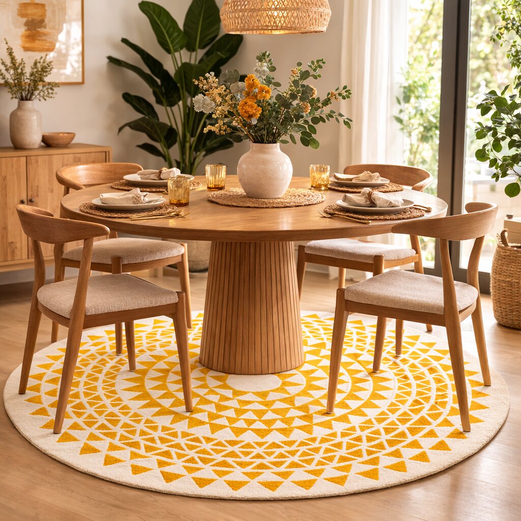 Round Hand Tufted Rug for Bedroom and Living Space  White and Yellow Color 100 Woolen Rug