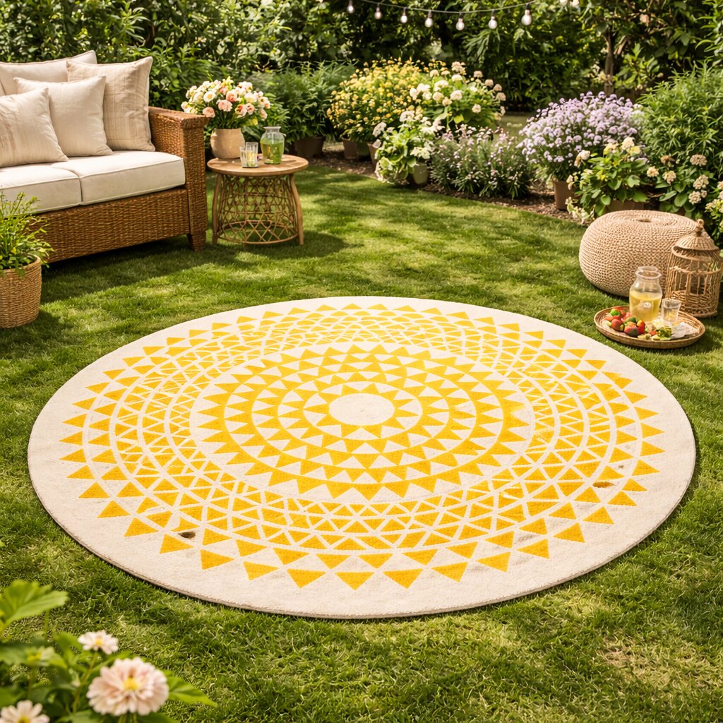 Round Hand Tufted Rug for Bedroom and Living Space  White and Yellow Color 100 Woolen Rug