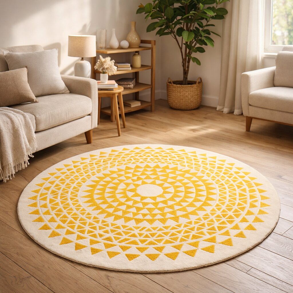 Round Hand Tufted Rug for Bedroom and Living Space  White and Yellow Color 100 Woolen Rug