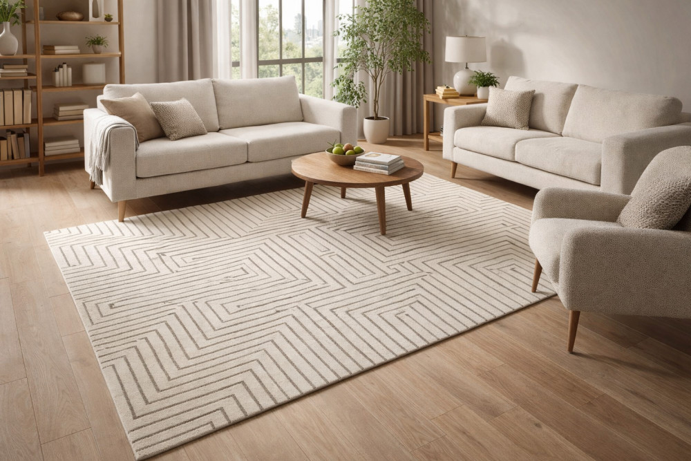 Image of White Rug, Striped Rug, 5x7, 5x8, 6x8, 6x9, Wool Carpet, Bedroom, Living Room