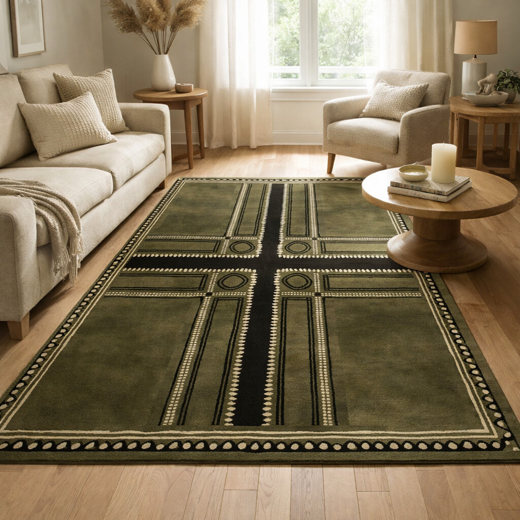 Green Wool Area Rug Hand Tufted Rectangular Carpets 5x8 6x9 8x13 11x12 Sizes Perfect for Kids Dining Living Rooms