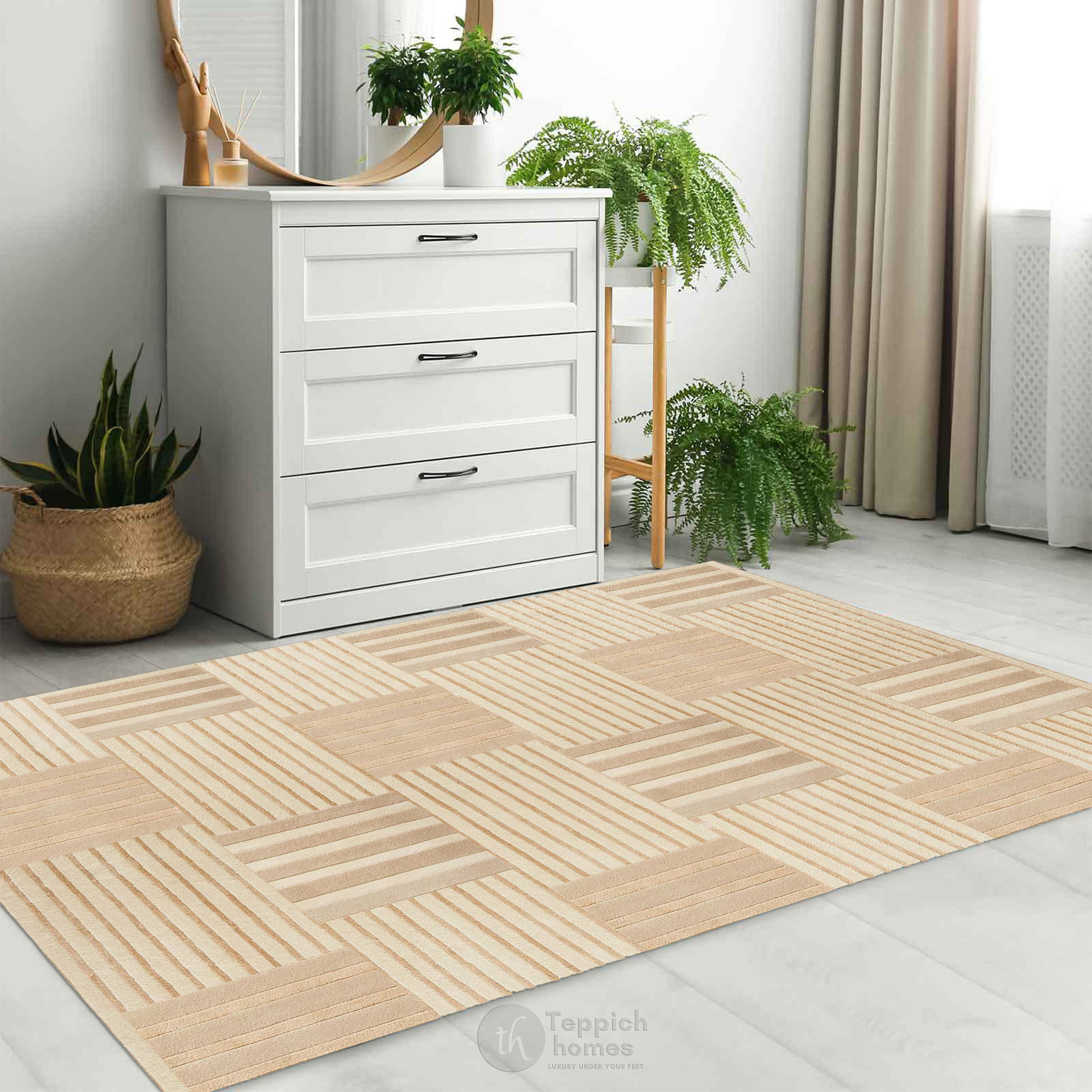 Beige Geometric Striped Area Rug Modern Hand Tufted Carpet for Living Room and Bedroom Dcor