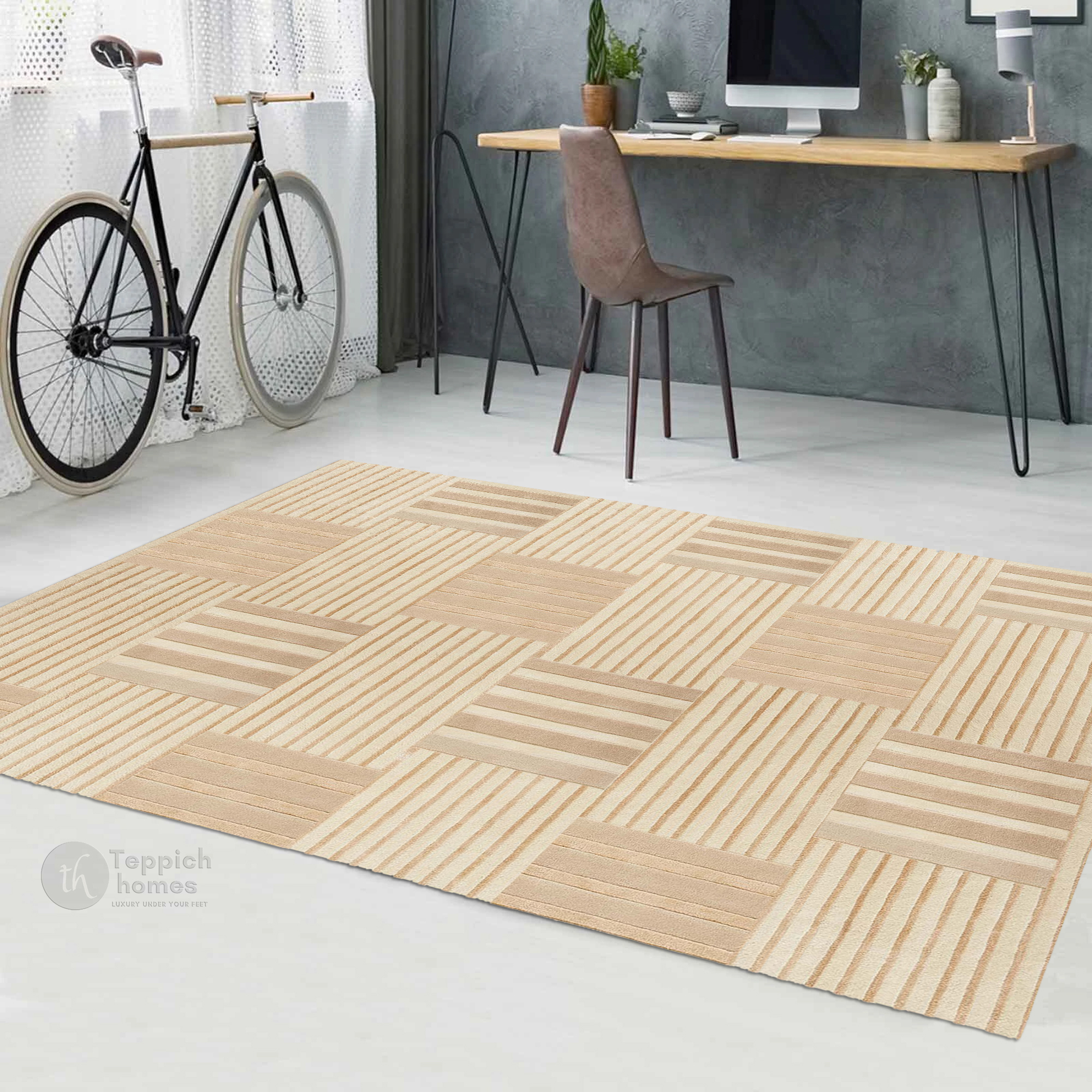 Beige Geometric Striped Area Rug Modern Hand Tufted Carpet for Living Room and Bedroom Dcor