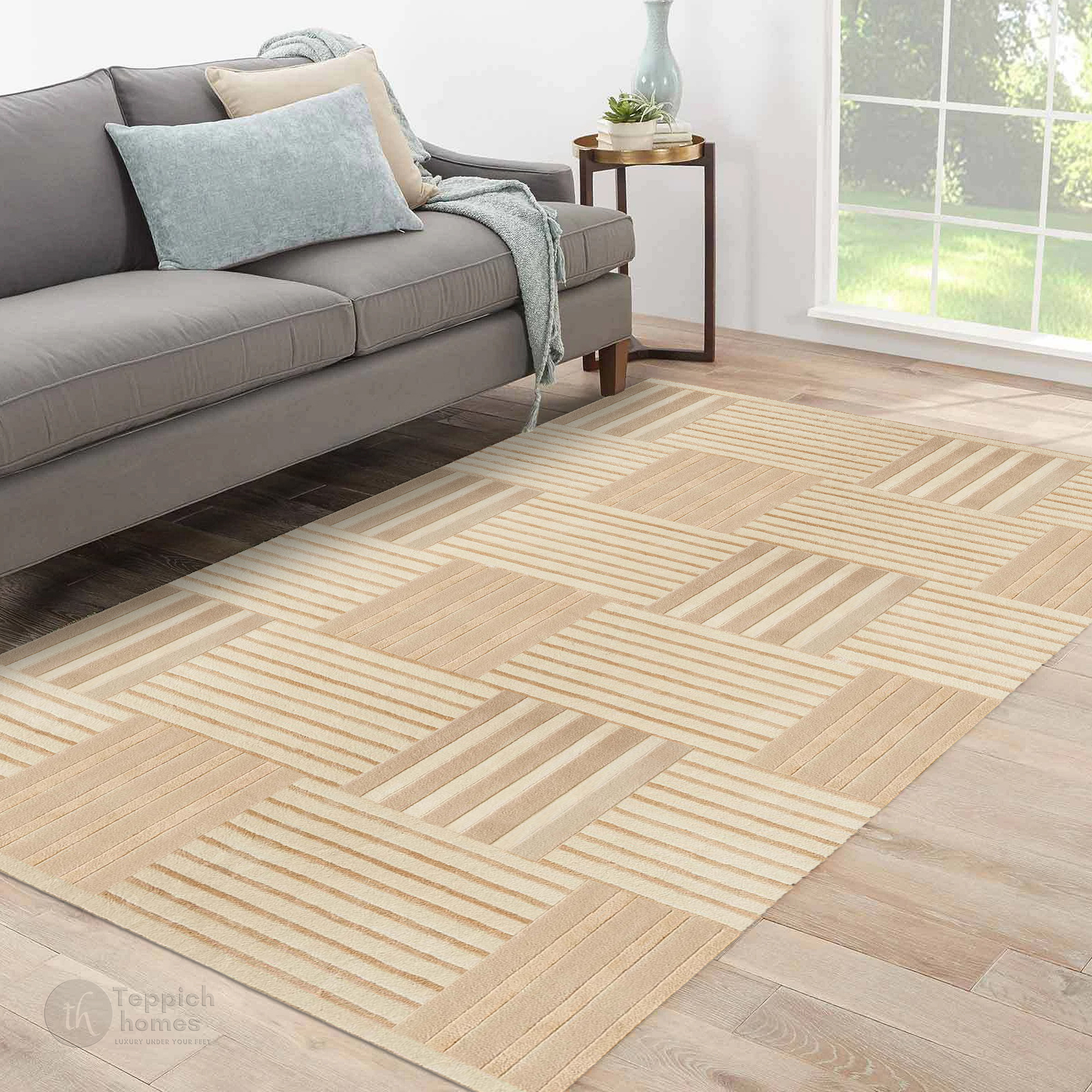 Beige Geometric Striped Area Rug Modern Hand Tufted Carpet for Living Room and Bedroom Dcor