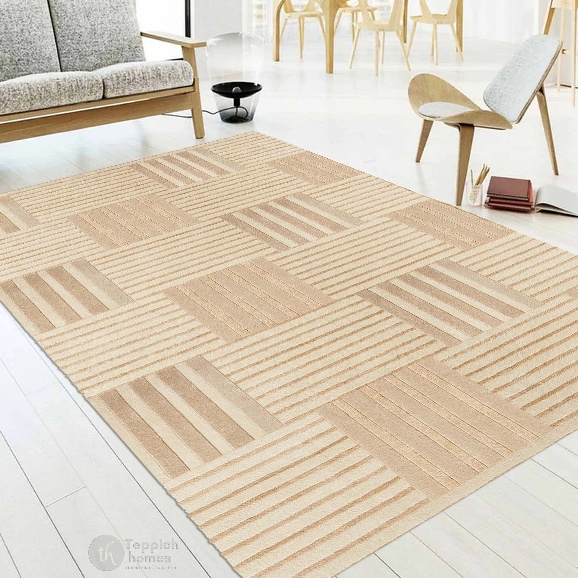 Beige Geometric Striped Area Rug Modern Hand Tufted Carpet for Living Room and Bedroom Dcor
