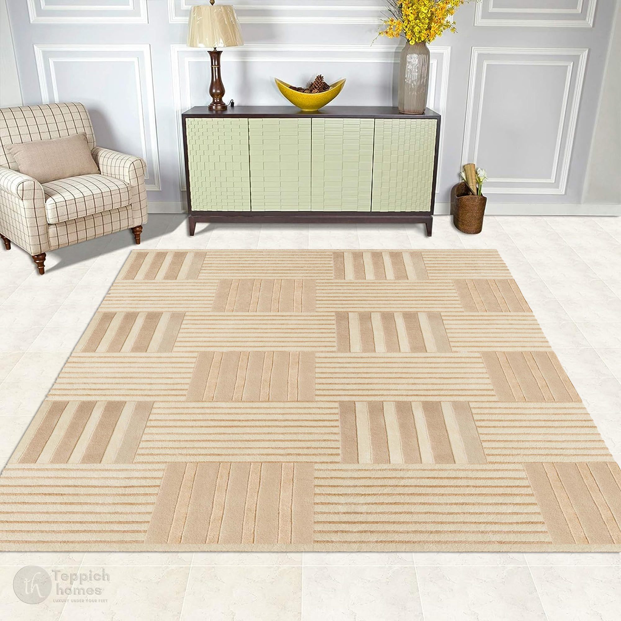 Beige Geometric Striped Area Rug Modern Hand Tufted Carpet for Living Room and Bedroom Dcor