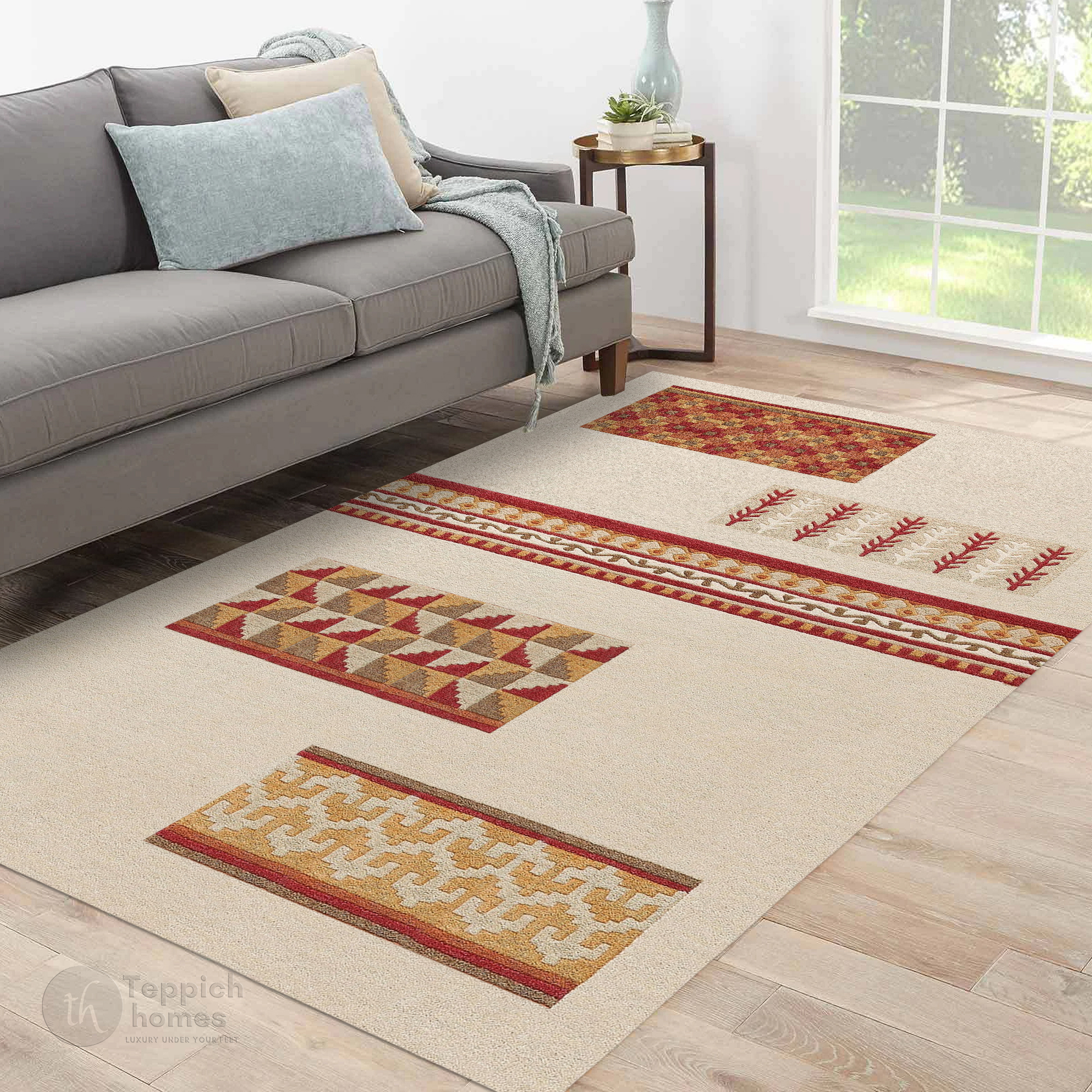 Beige Modern Wool Area Rug with Geometric and Tribal Pattern Handcrafted Designer Carpet