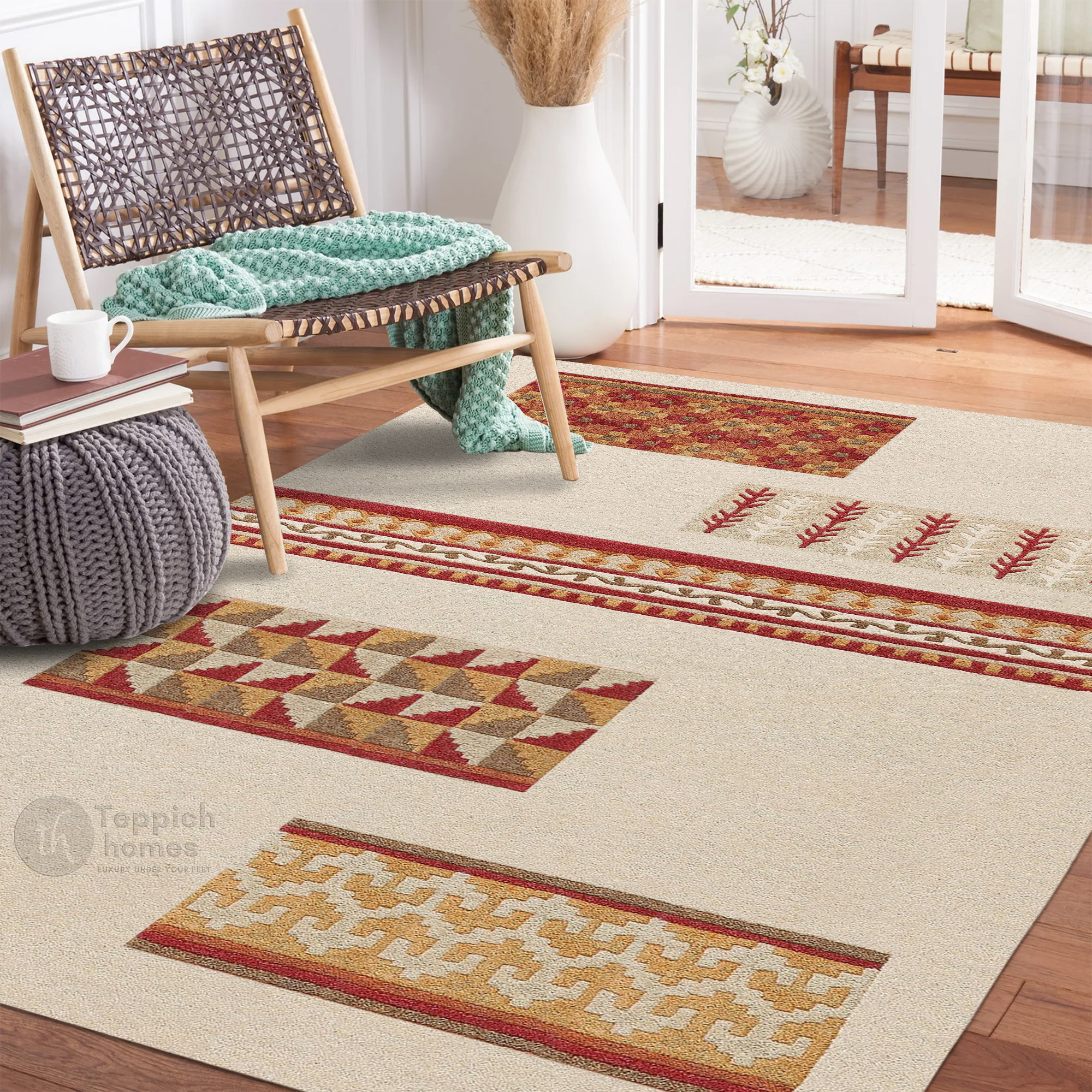 Beige Modern Wool Area Rug with Geometric and Tribal Pattern Handcrafted Designer Carpet