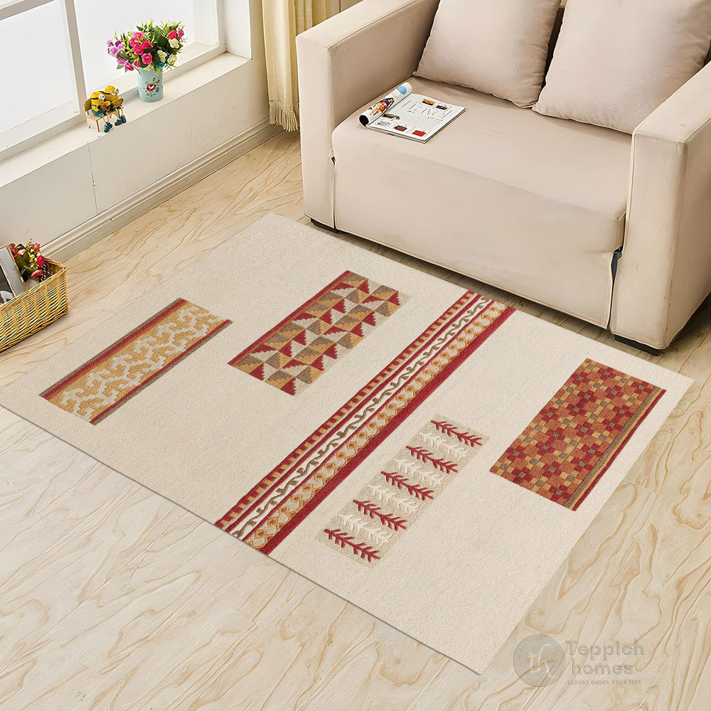 Image of Beige Modern Wool Area Rug with Geometric and Tribal Pattern Handcrafted Designer Carpet