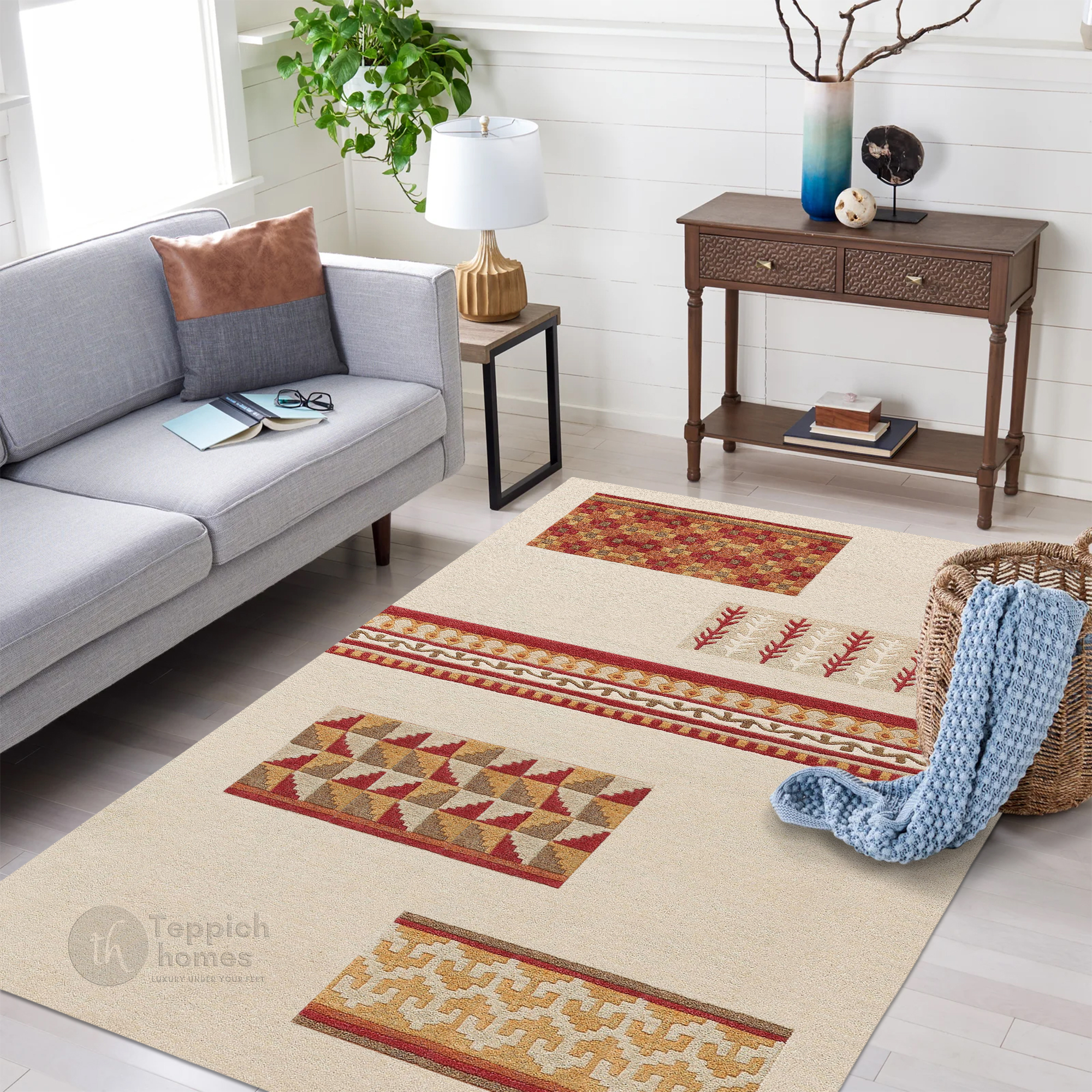 Beige Modern Wool Area Rug with Geometric and Tribal Pattern Handcrafted Designer Carpet
