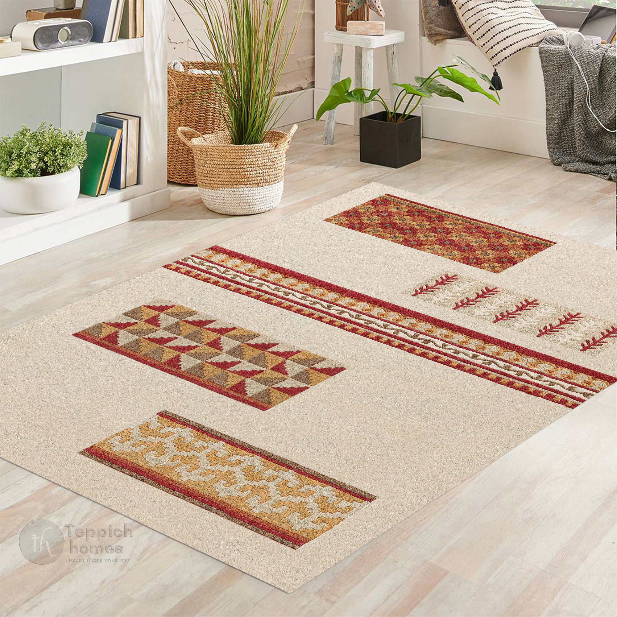 Beige Modern Wool Area Rug with Geometric and Tribal Pattern Handcrafted Designer Carpet