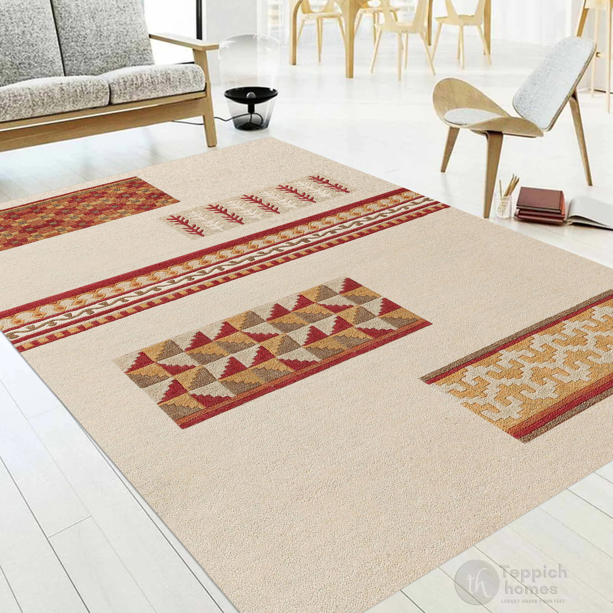 Beige Modern Wool Area Rug with Geometric and Tribal Pattern Handcrafted Designer Carpet
