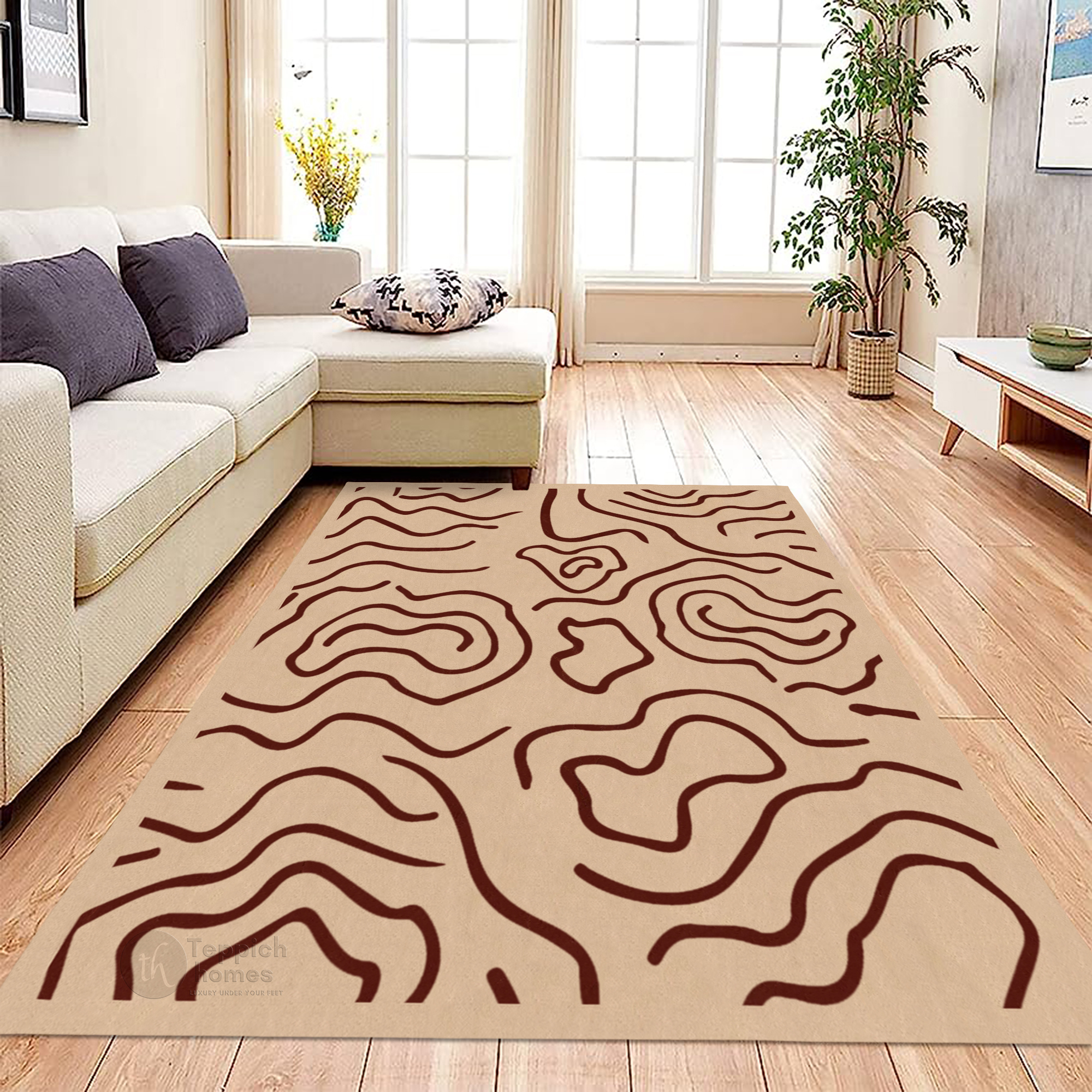Beige Modern Line Pattern Rug Contemporary Area Carpet for Living Room and Bedroom