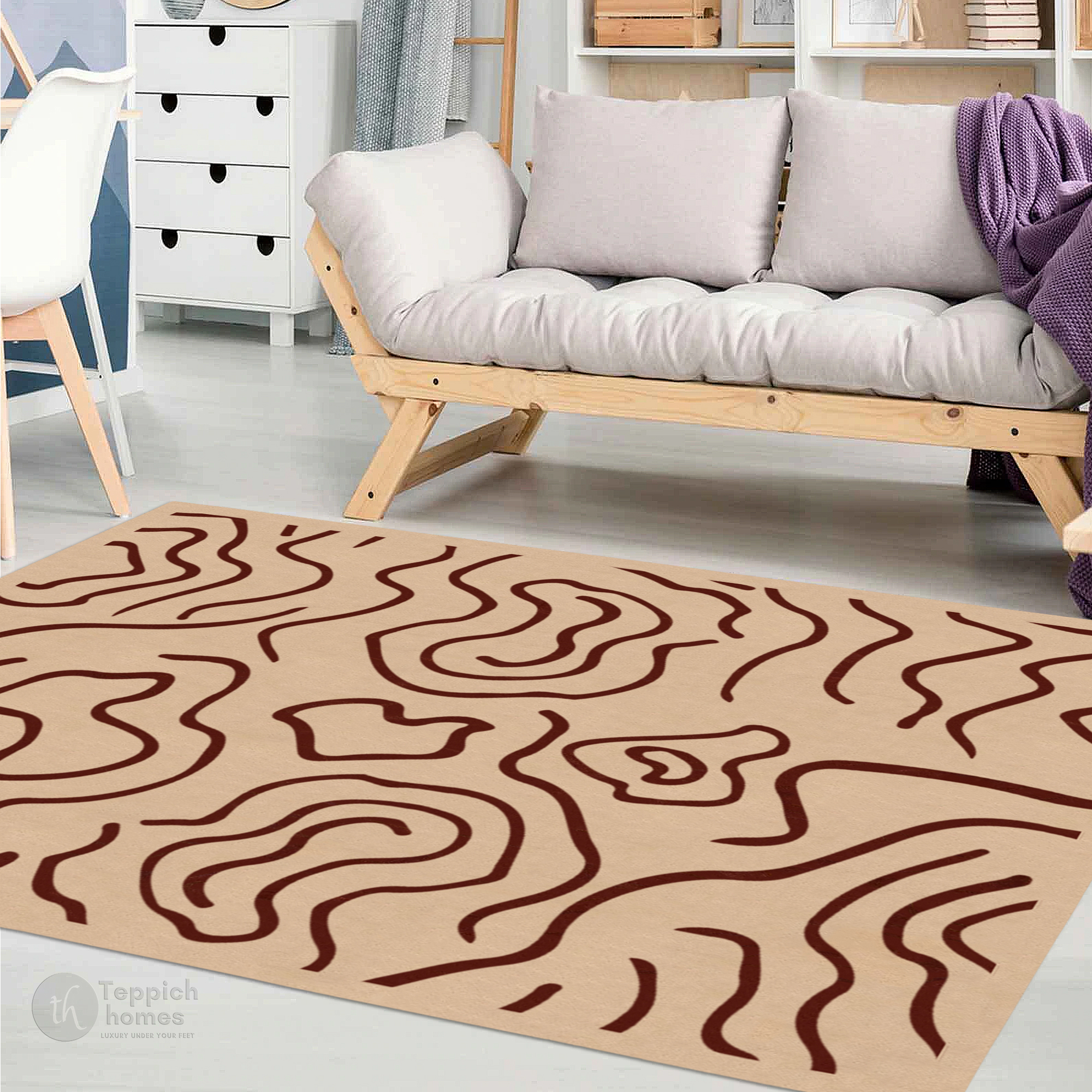 Beige Modern Line Pattern Rug Contemporary Area Carpet for Living Room and Bedroom