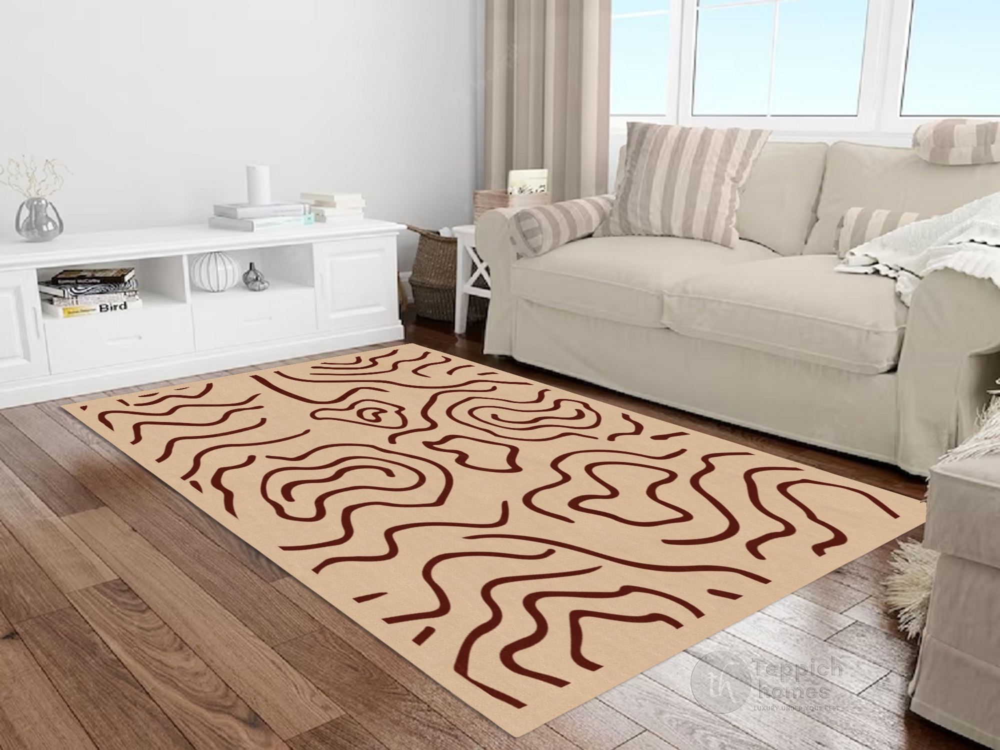 Beige Modern Line Pattern Rug Contemporary Area Carpet for Living Room and Bedroom