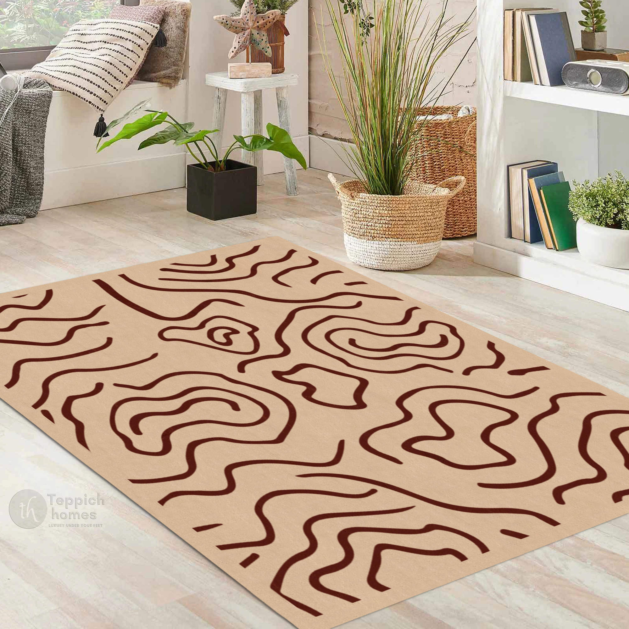 Beige Modern Line Pattern Rug Contemporary Area Carpet for Living Room and Bedroom