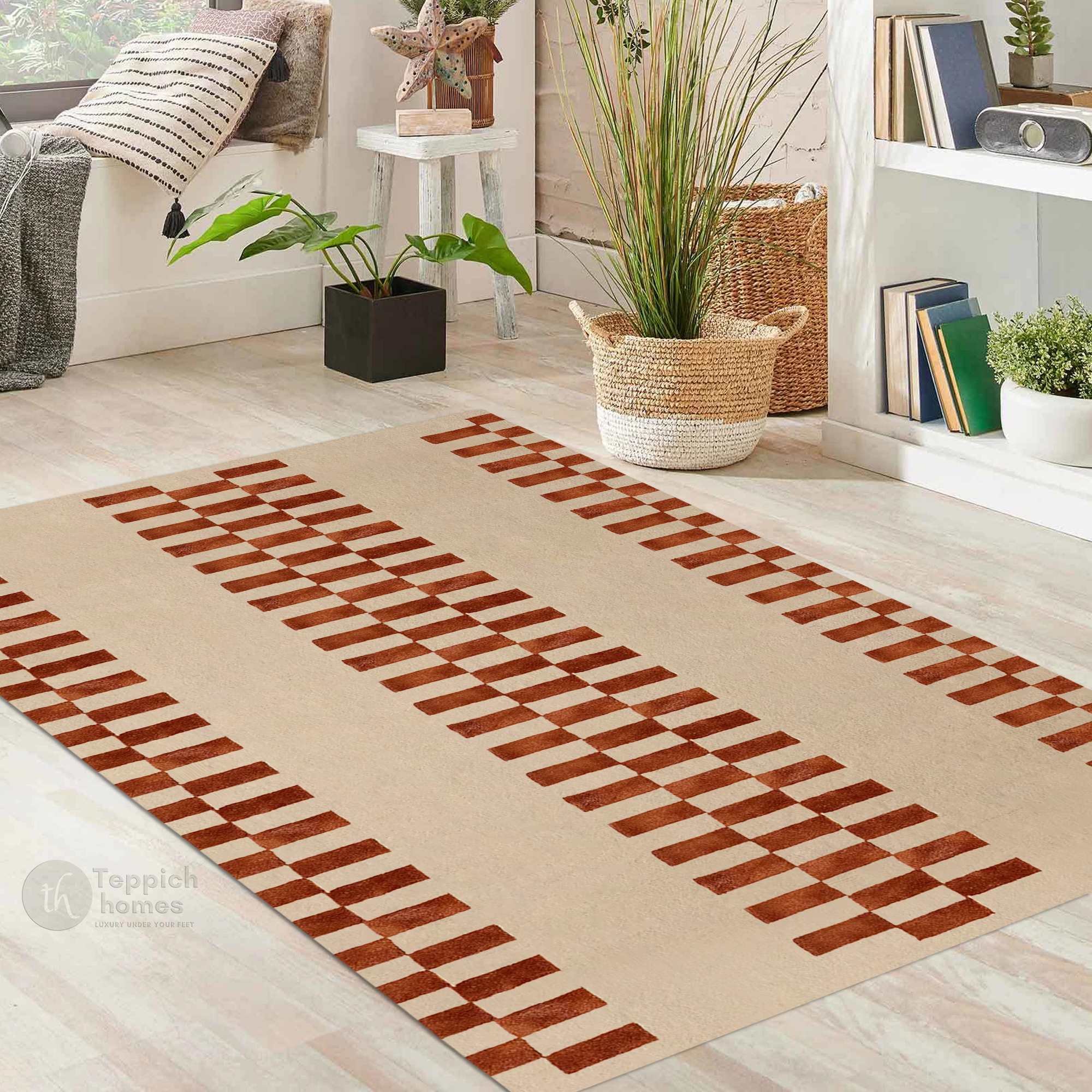 Beige Geometric Striped Rug Modern Area Carpet with Brown Block Pattern for Living Room and Bedroom