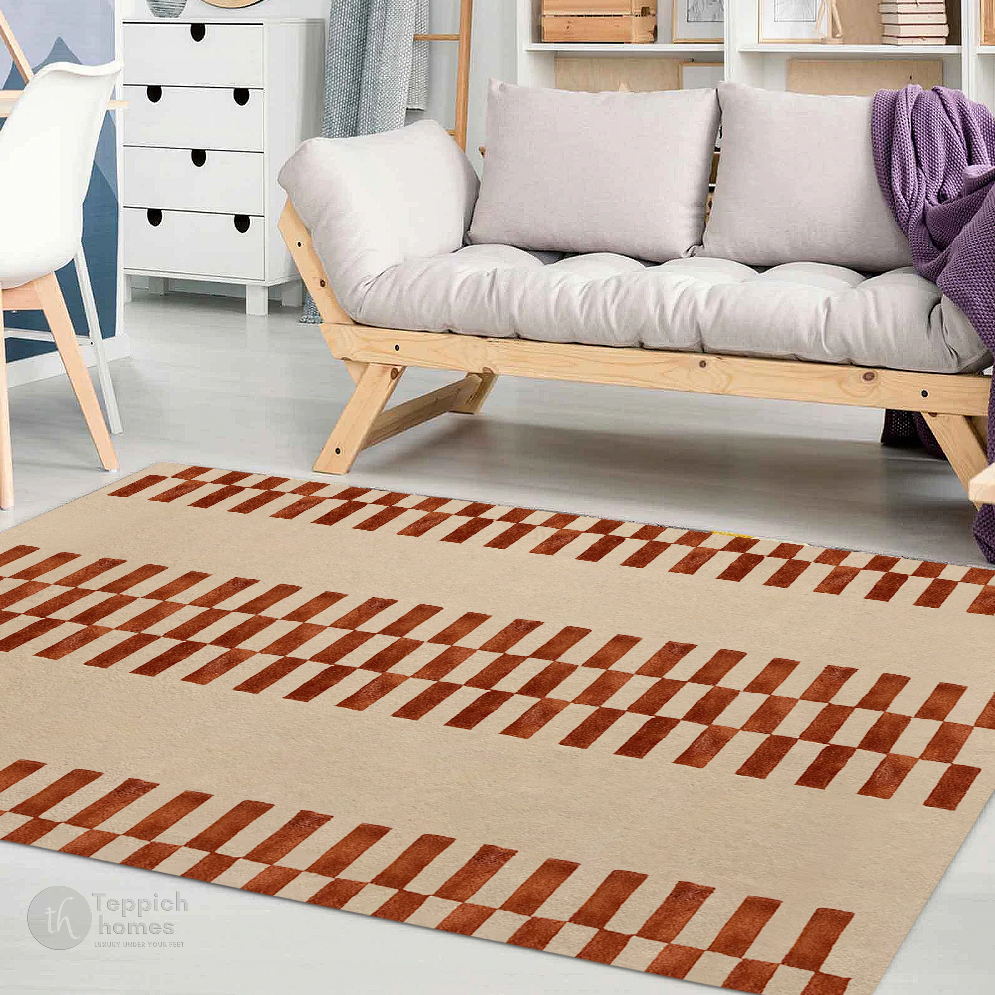 Beige Geometric Striped Rug Modern Area Carpet with Brown Block Pattern for Living Room and Bedroom