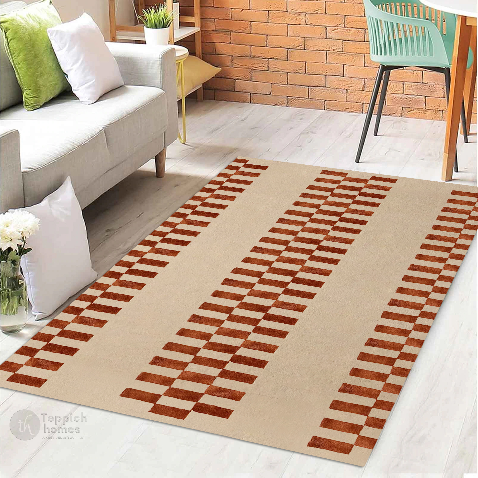 Beige Geometric Striped Rug Modern Area Carpet with Brown Block Pattern for Living Room and Bedroom