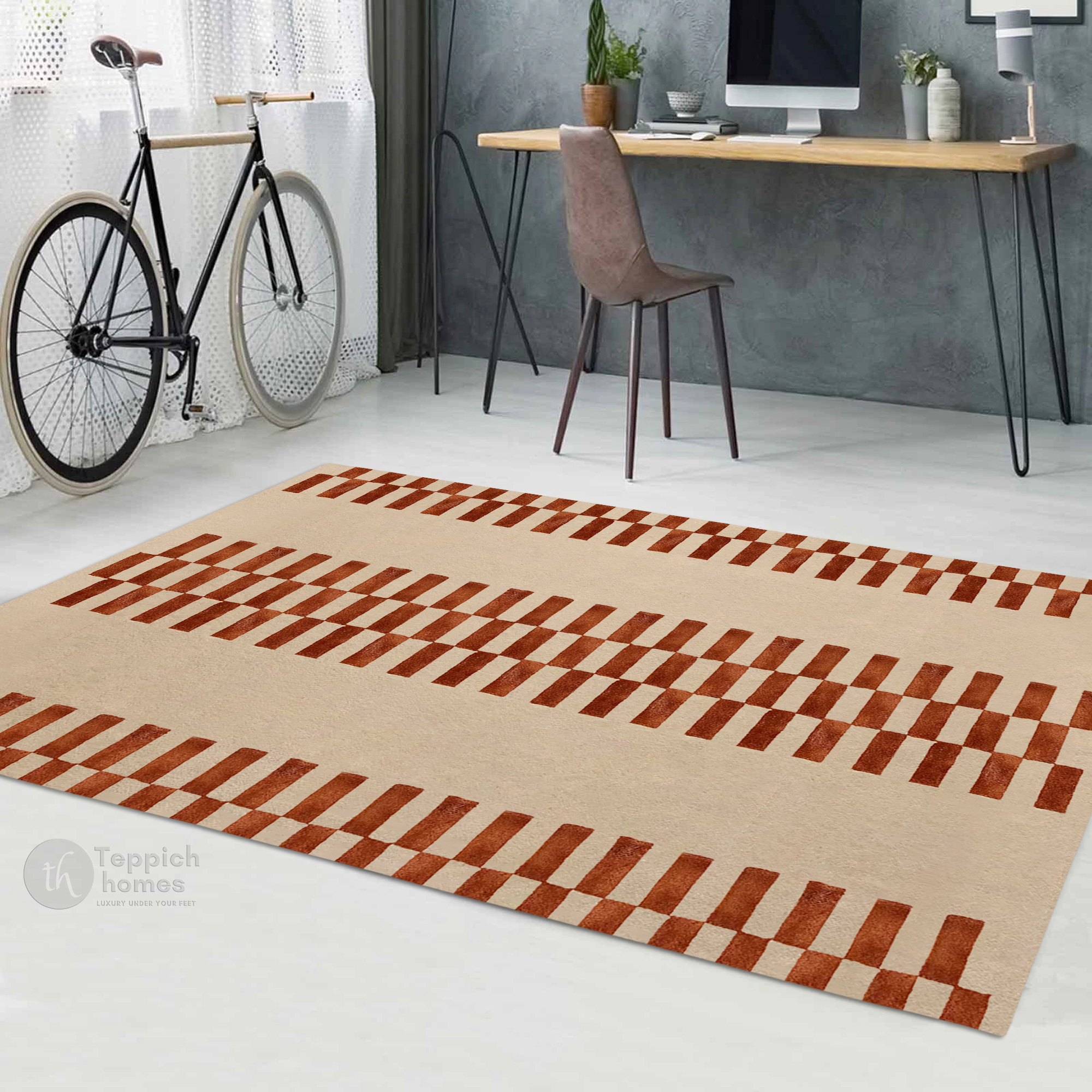 Beige Geometric Striped Rug Modern Area Carpet with Brown Block Pattern for Living Room and Bedroom