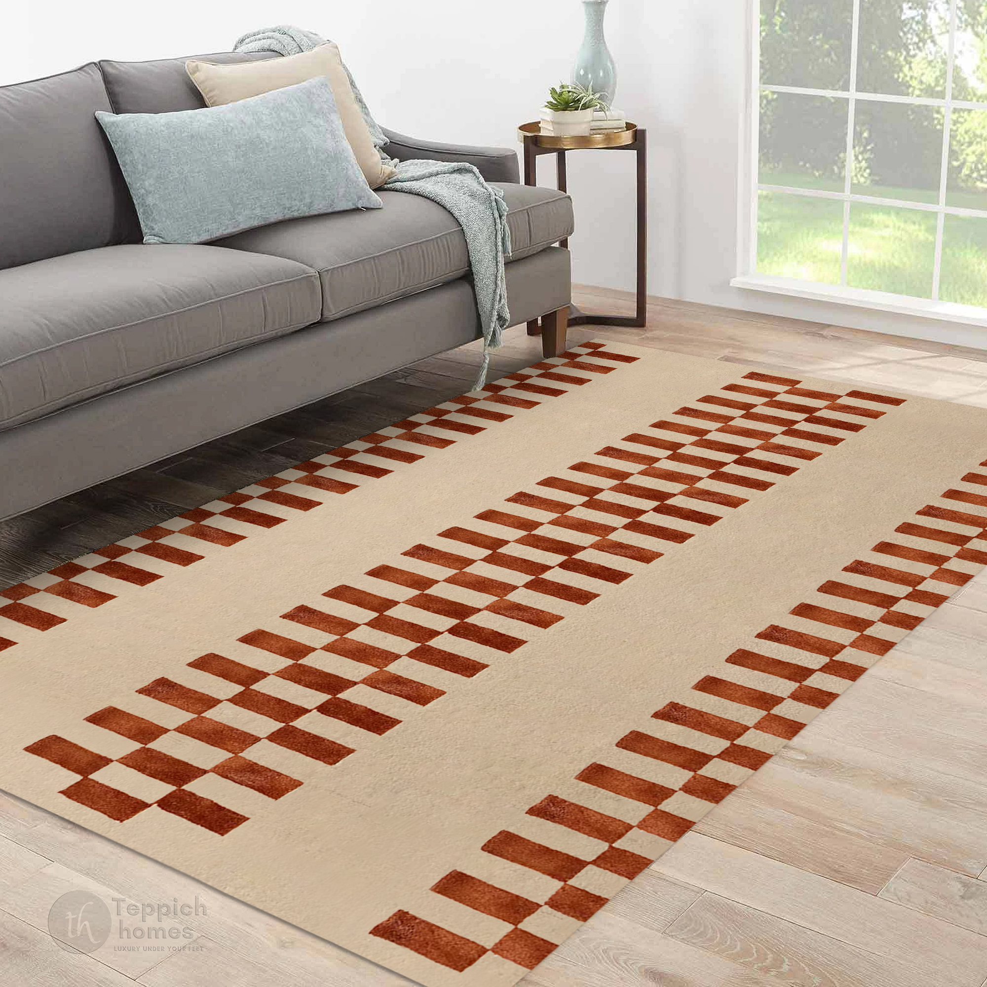 Beige Geometric Striped Rug Modern Area Carpet with Brown Block Pattern for Living Room and Bedroom