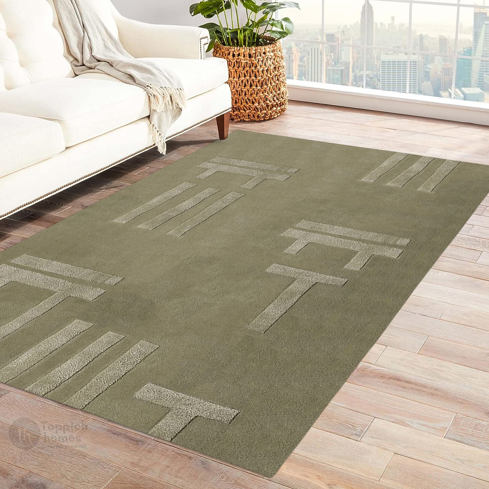 Modern Olive Green Geometric Rug Minimalist Patterned Carpet for Living Room and Bedroom