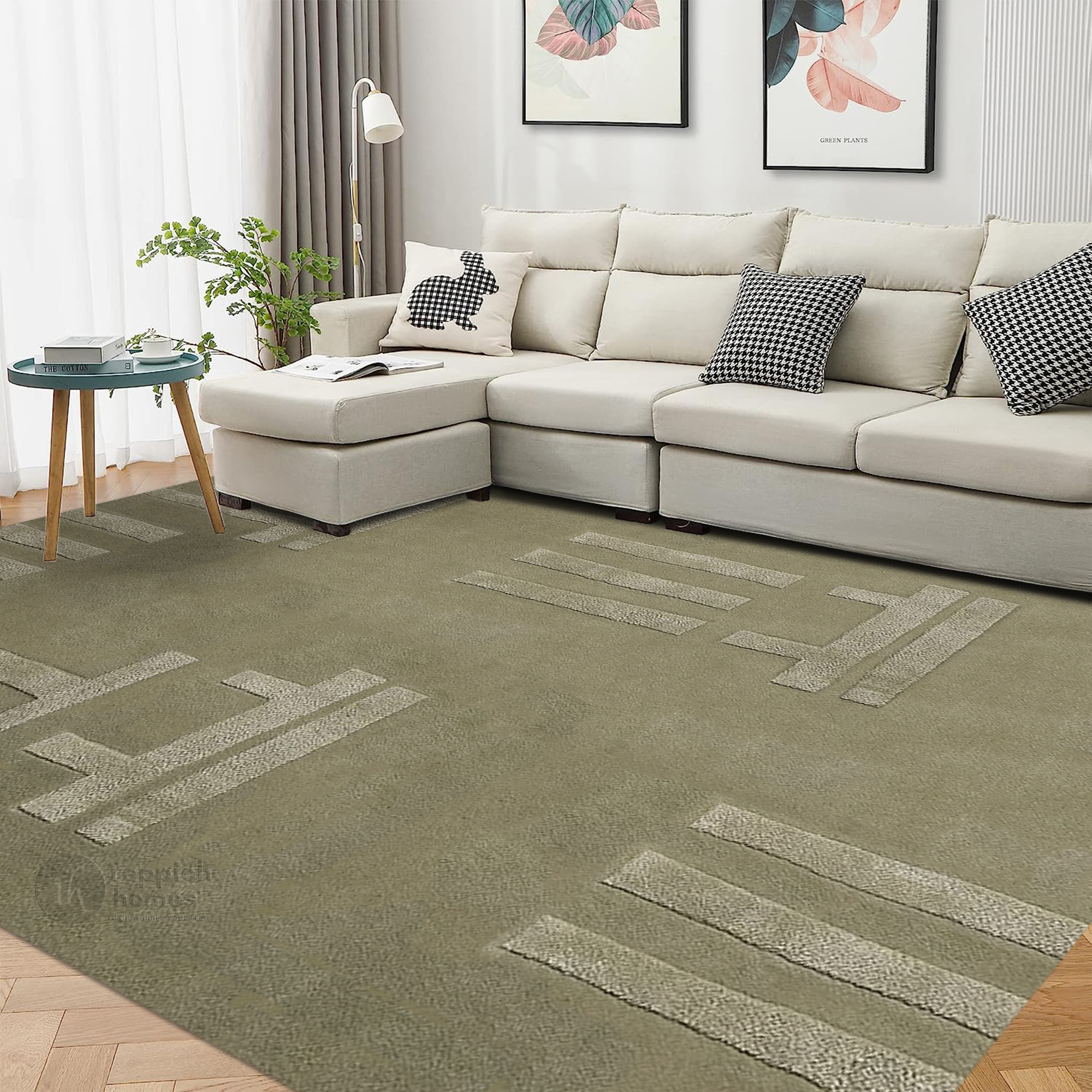 Modern Olive Green Geometric Rug Minimalist Patterned Carpet for Living Room and Bedroom