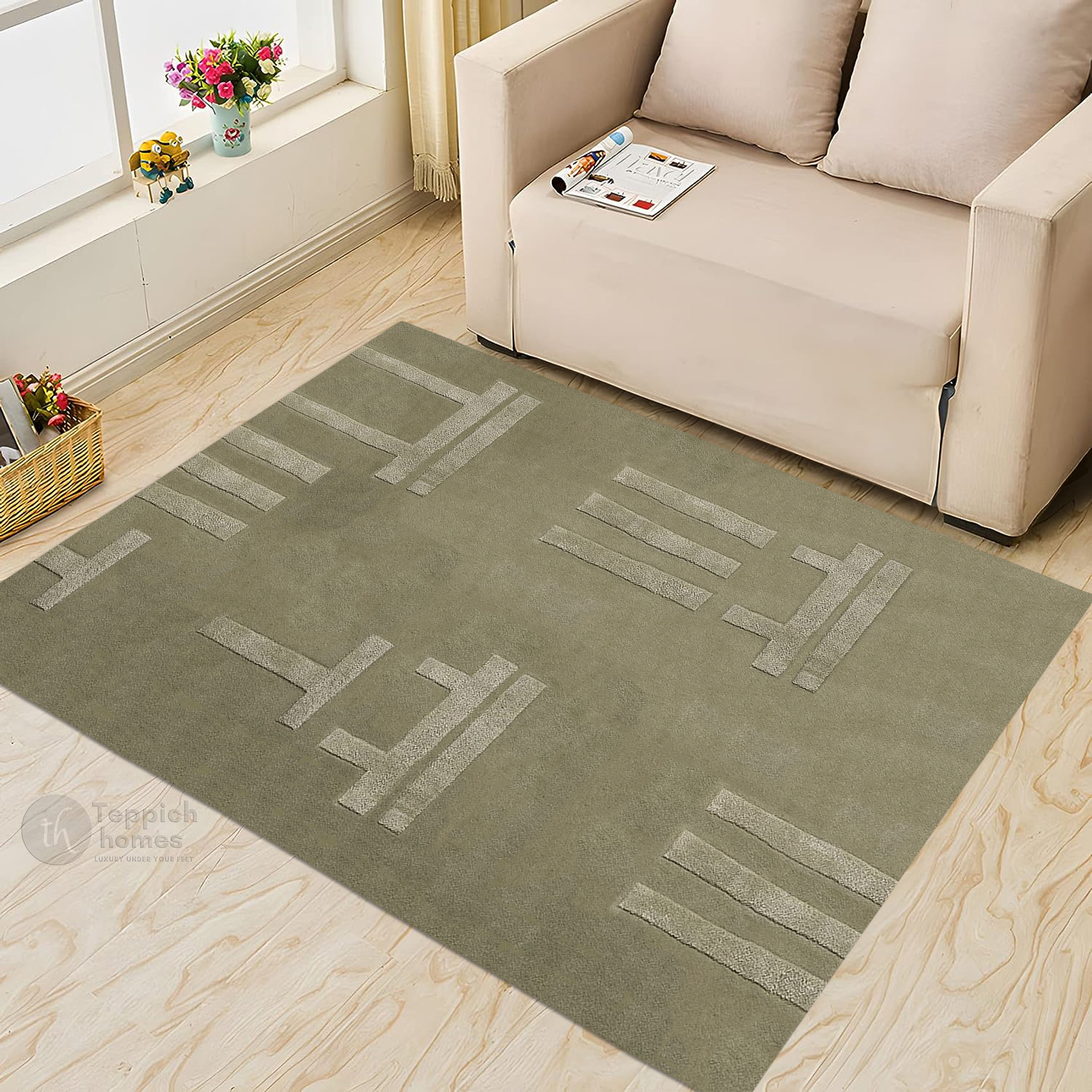 Modern Olive Green Geometric Rug Minimalist Patterned Carpet for Living Room and Bedroom