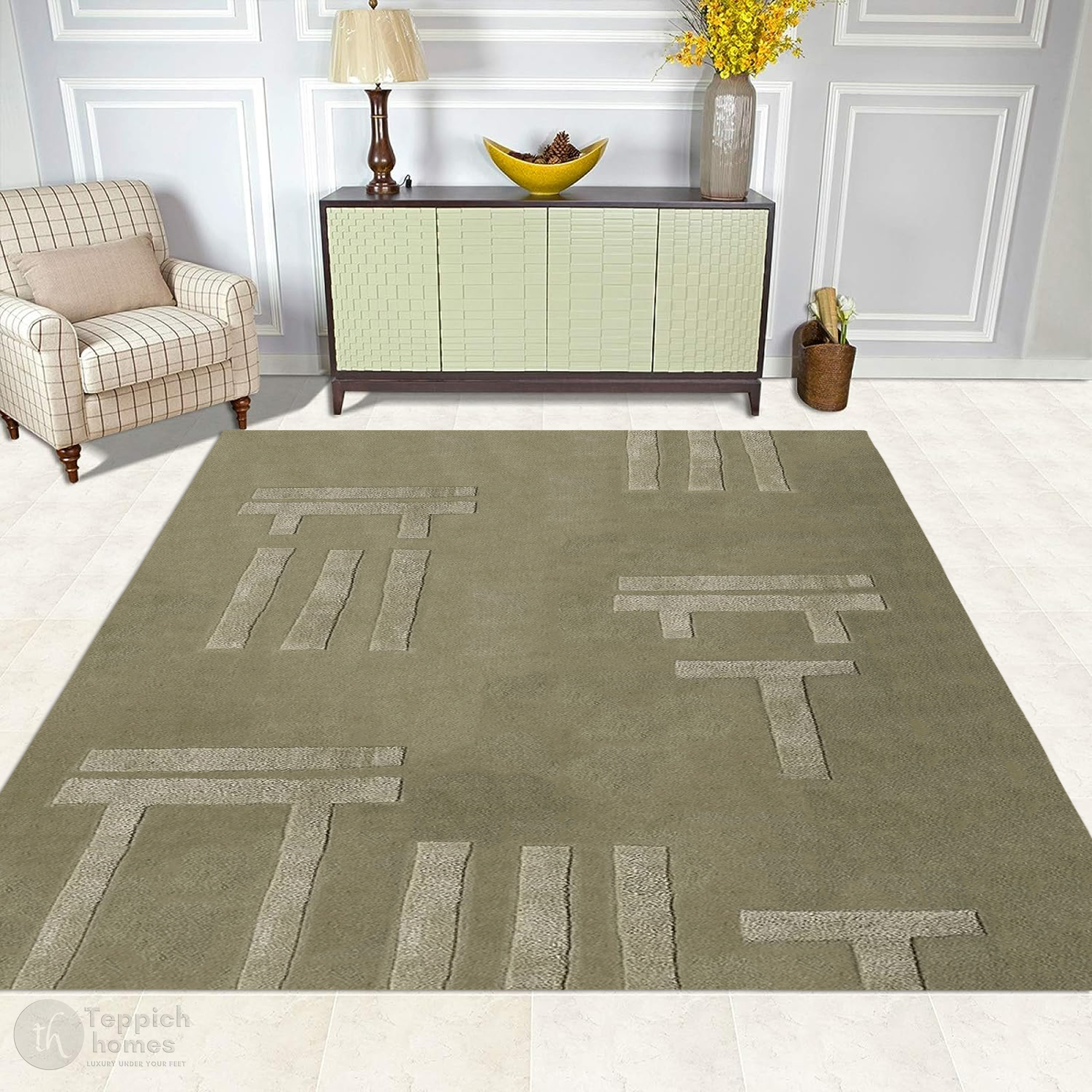Modern Olive Green Geometric Rug Minimalist Patterned Carpet for Living Room and Bedroom