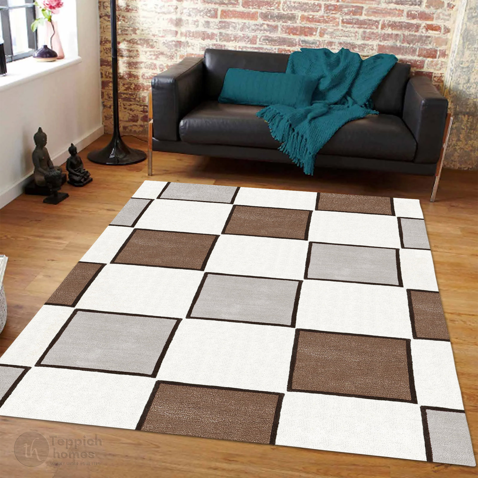 Modern Checkered Area Rug Brown and Grey Square Pattern Carpet for Living Room and Bedroom
