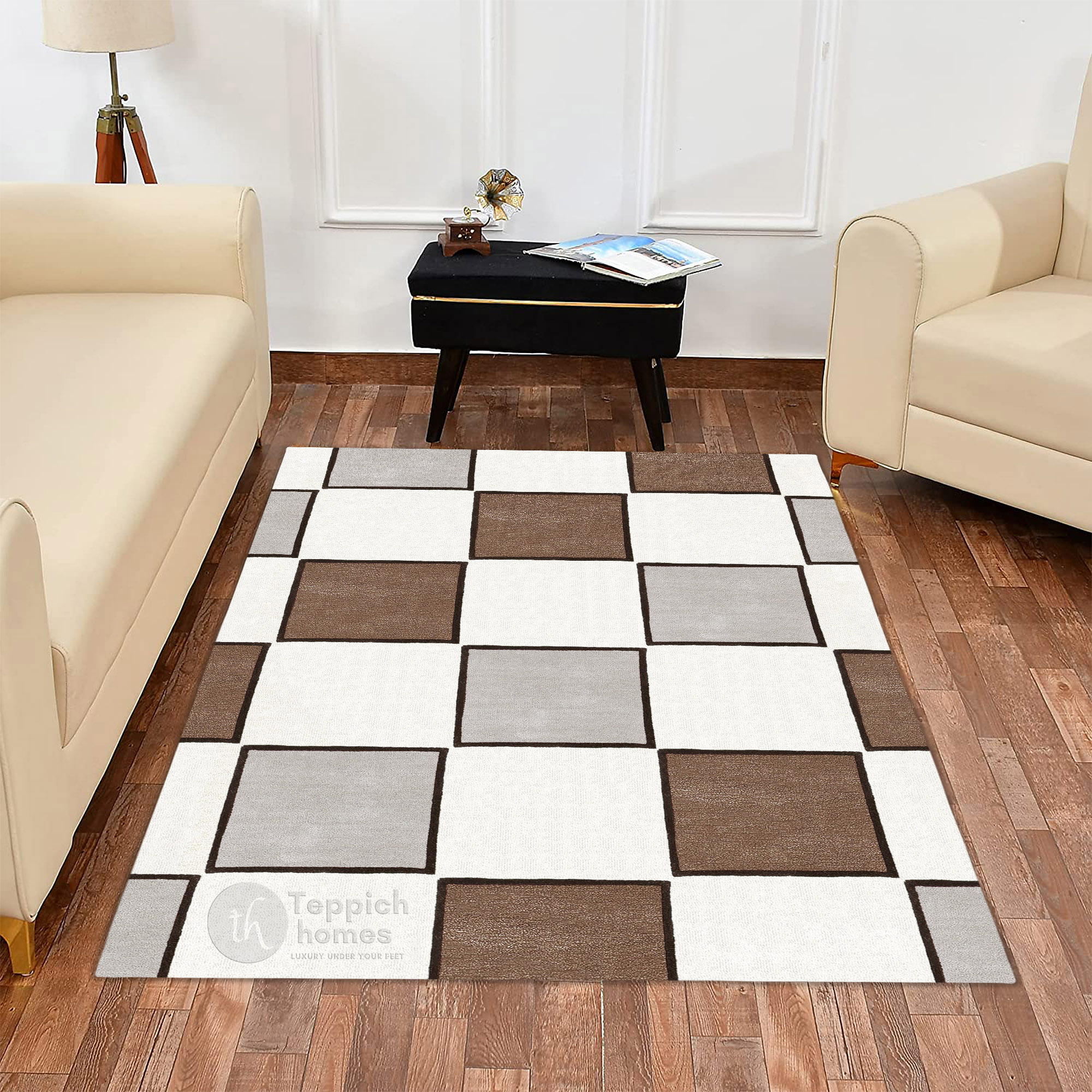 Modern Checkered Area Rug Brown and Grey Square Pattern Carpet for Living Room and Bedroom